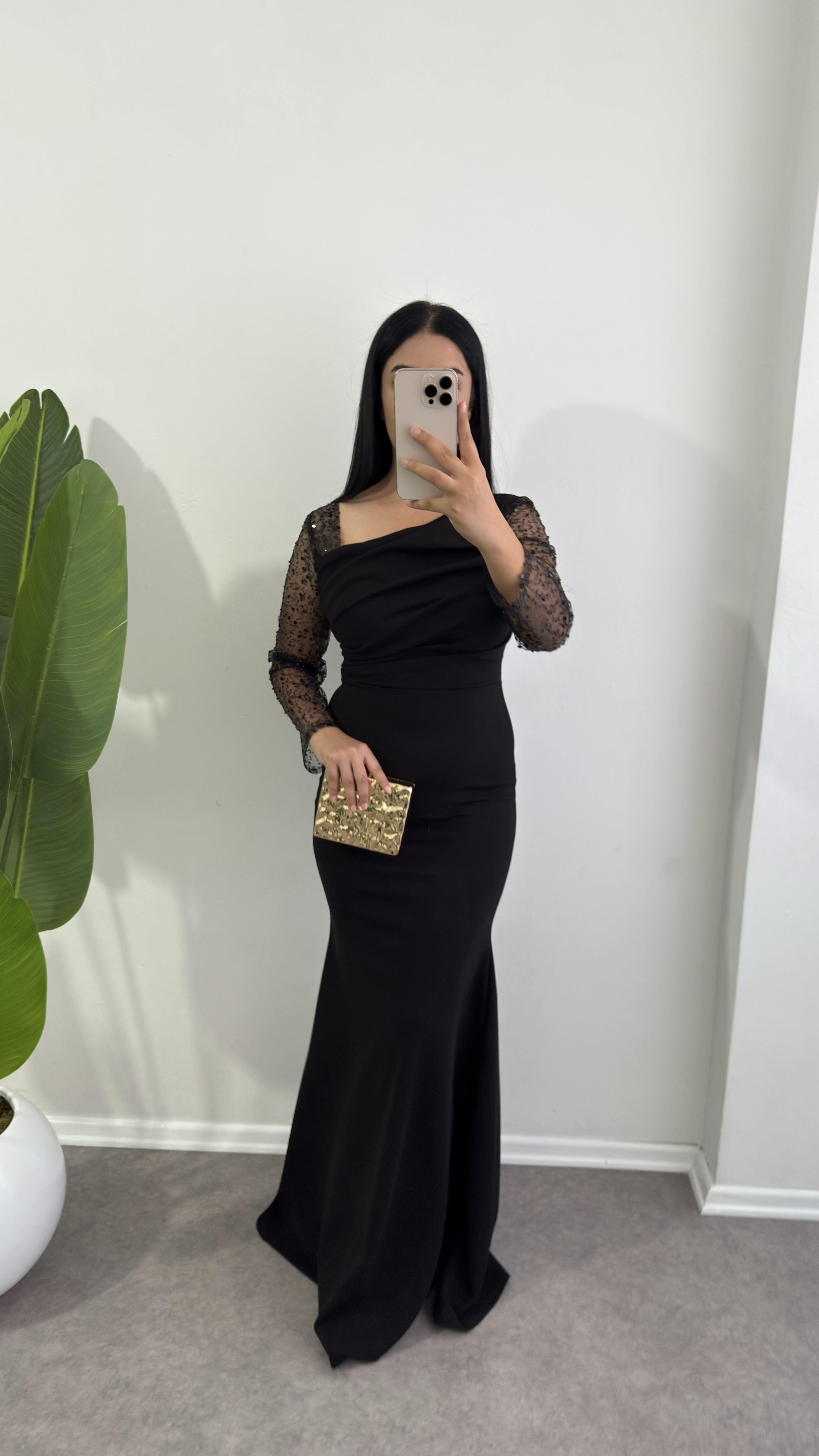 Kollar Payetli Siyah Naca Elbise