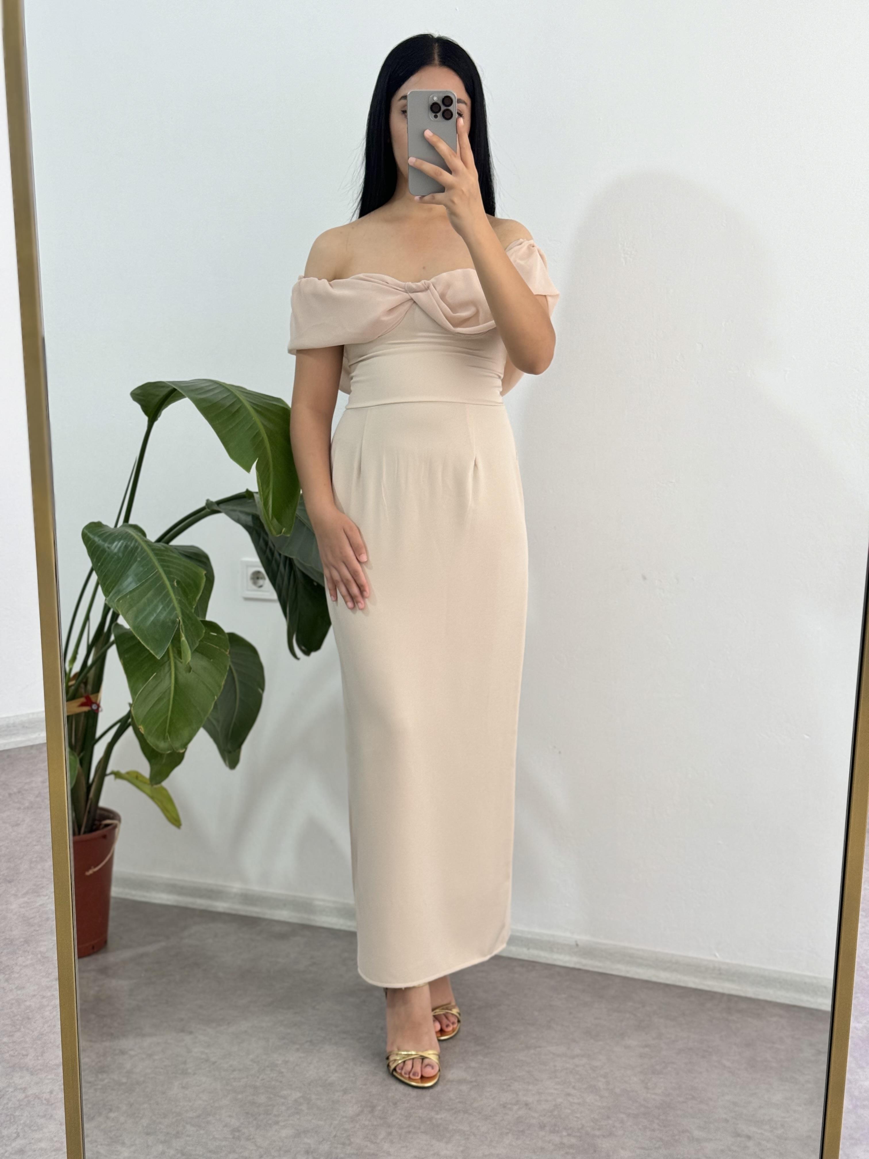 Krem Atlas Kumaş Şifon Kol