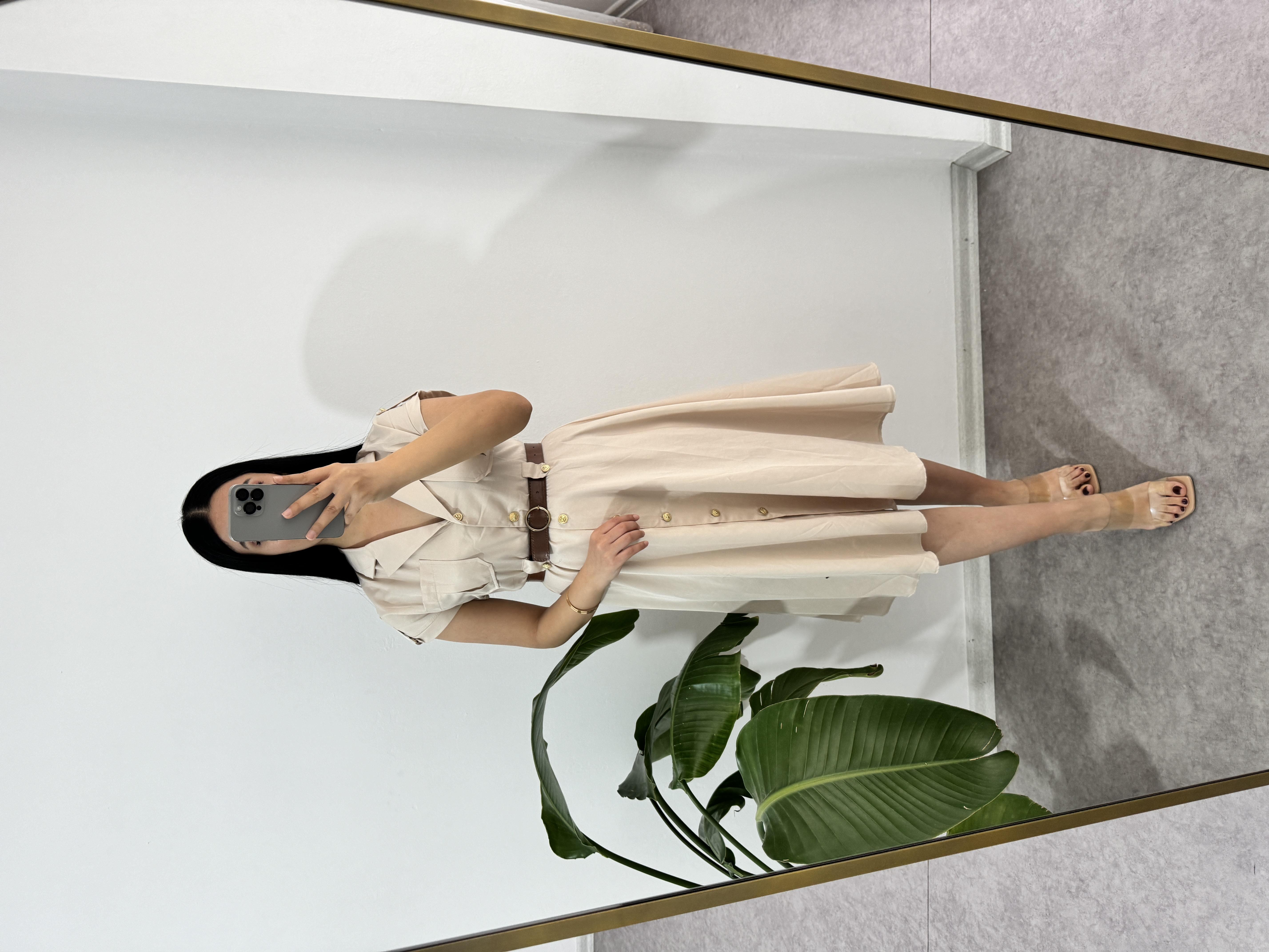 Krem Düğmeli Elbise 