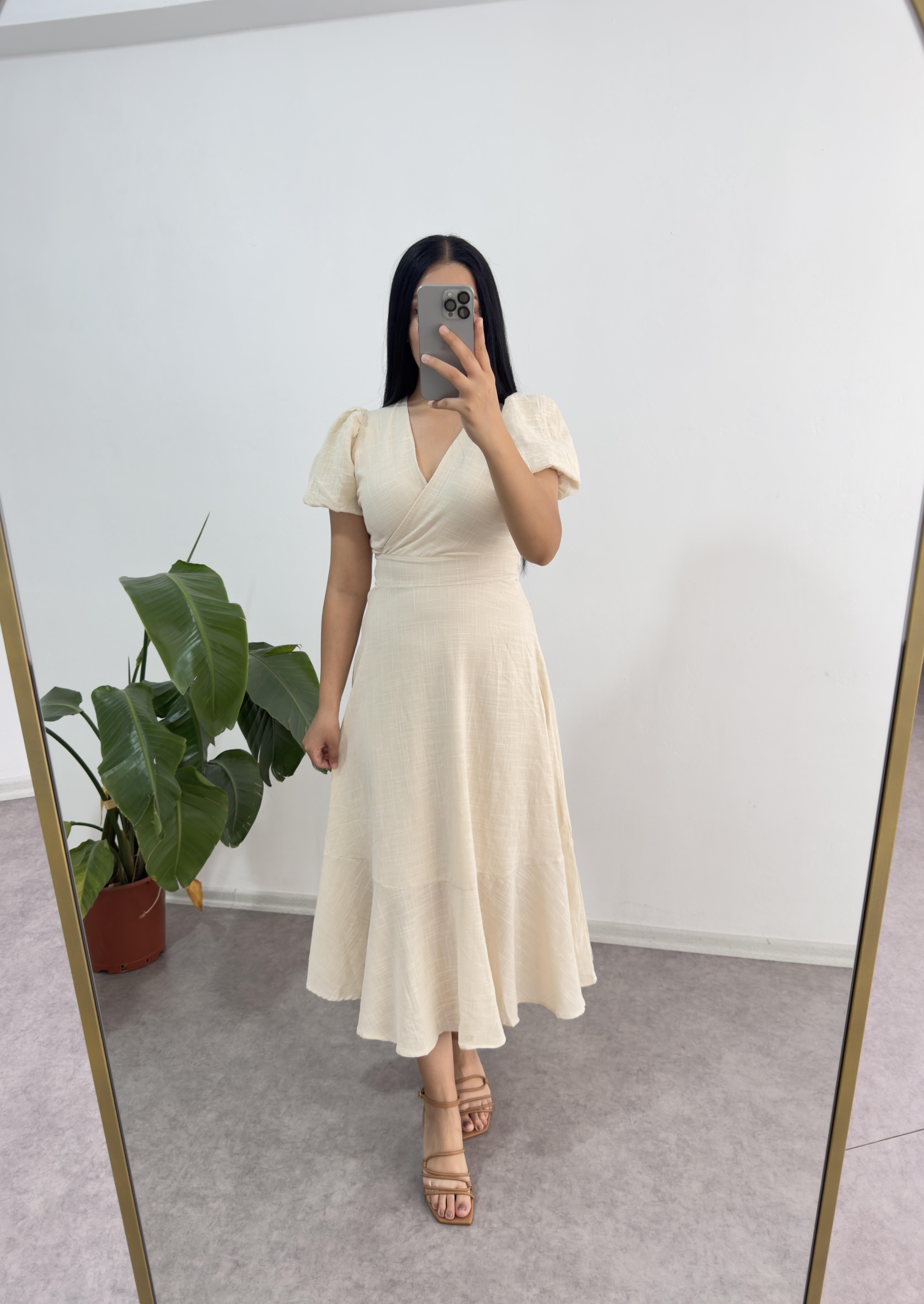 Krem Keten Astarlı Elbise