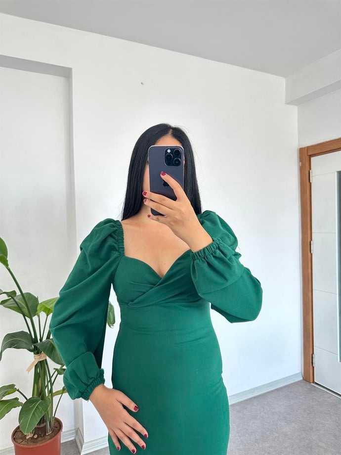 Krep kumaş yeşil elbise 