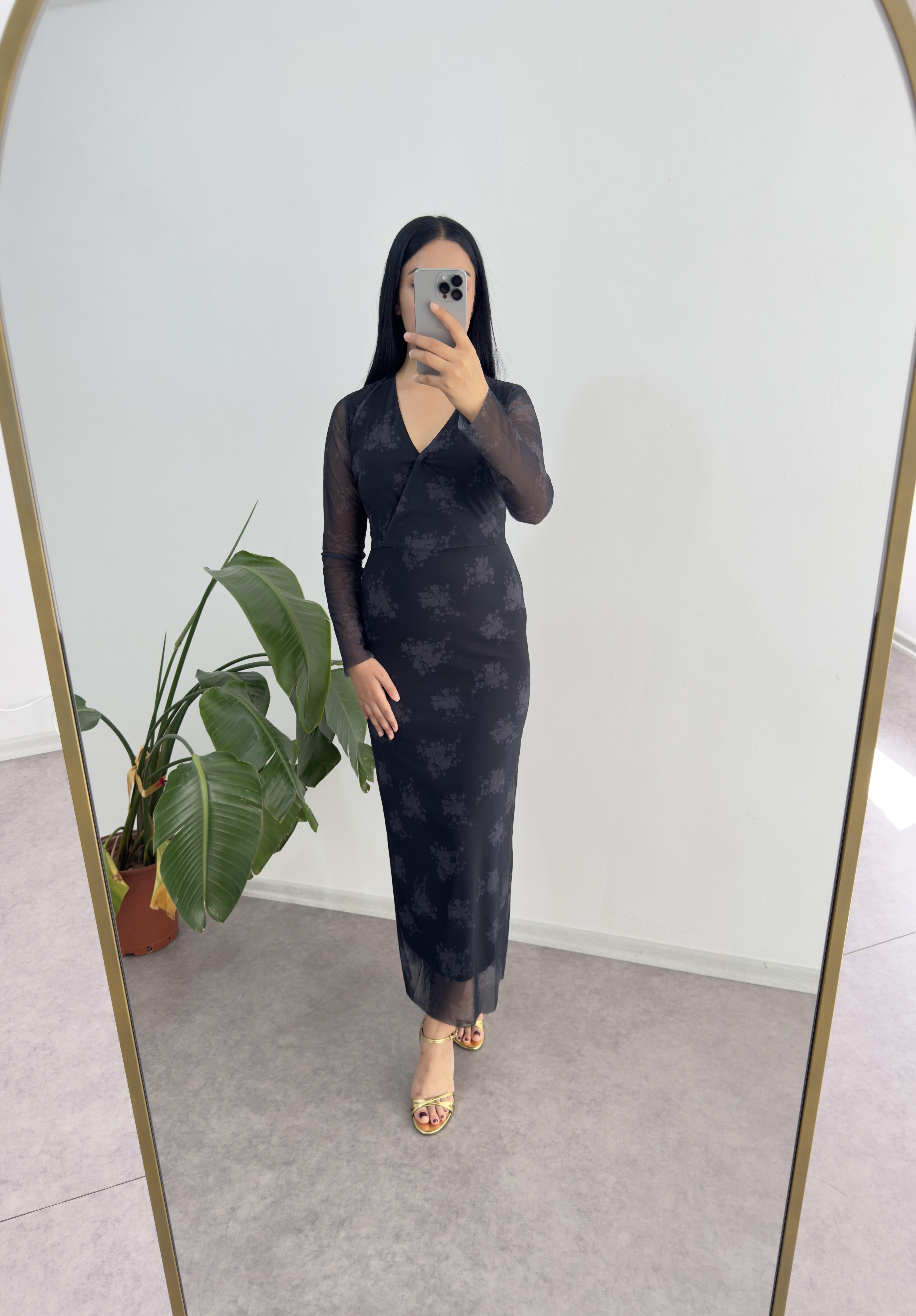 Lacivert Desenli Tül Elbise