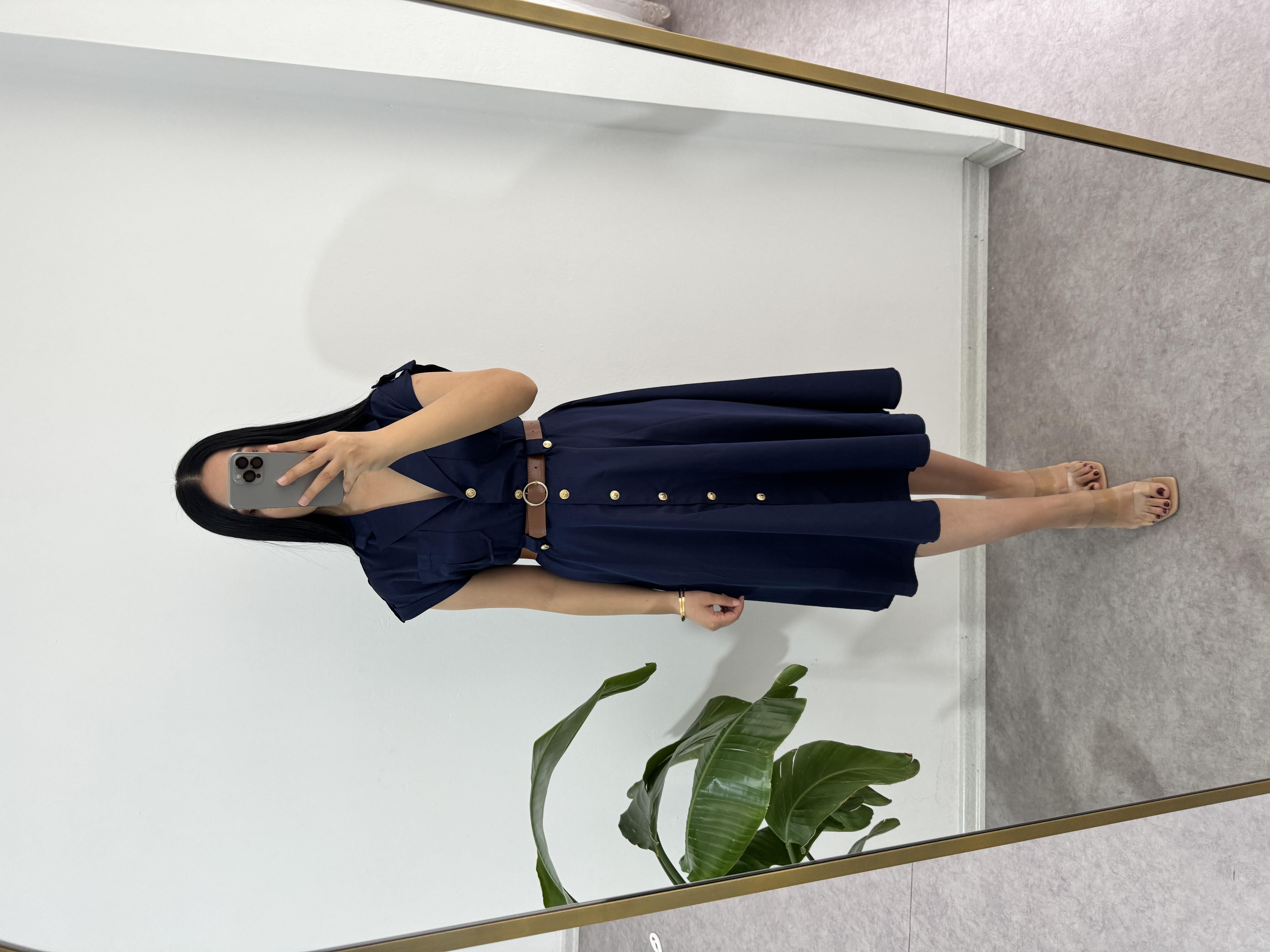 Lacivert Düğmeli Elbise 