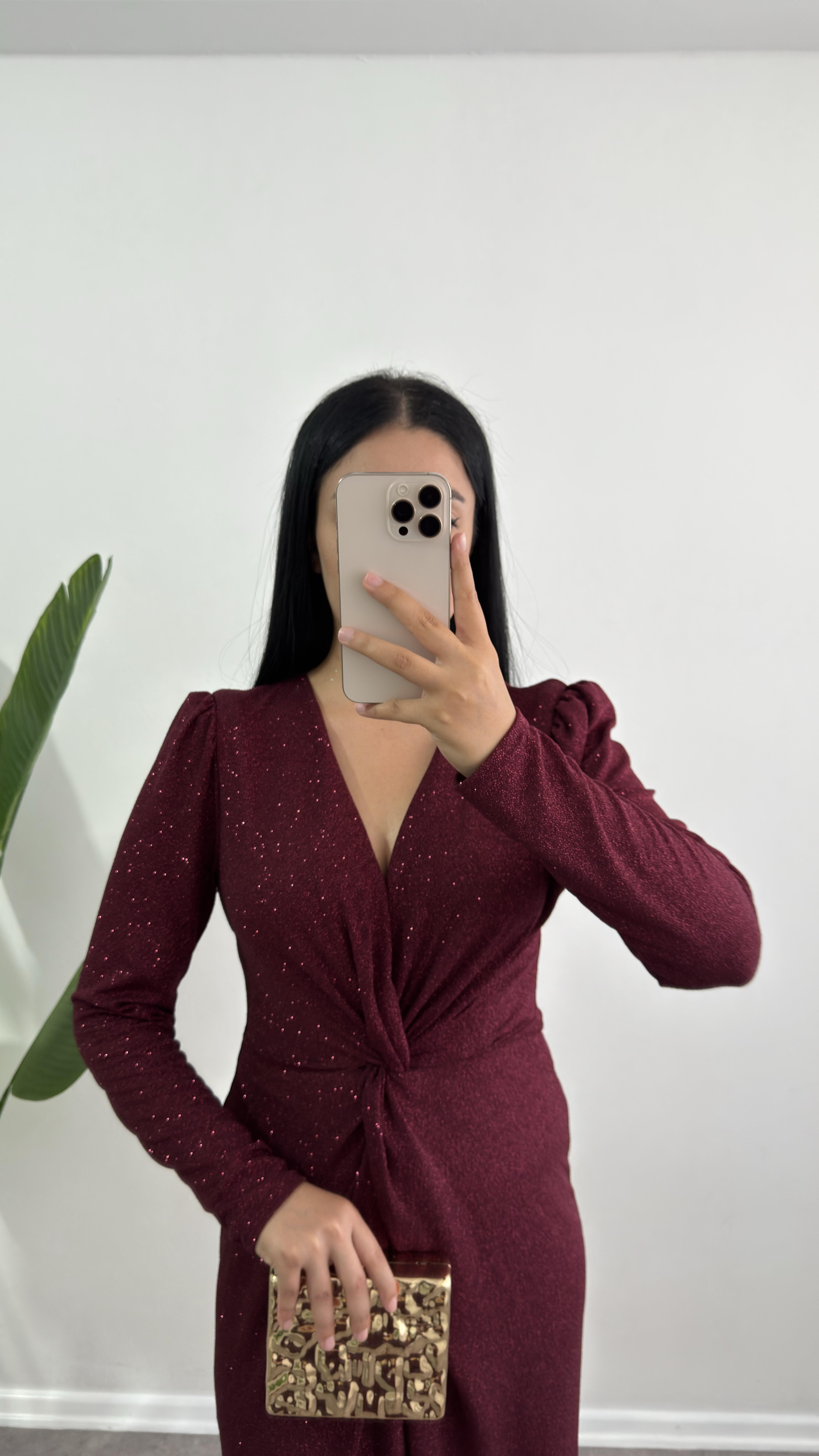 Laren Drapeli Simli Bordo Elbise