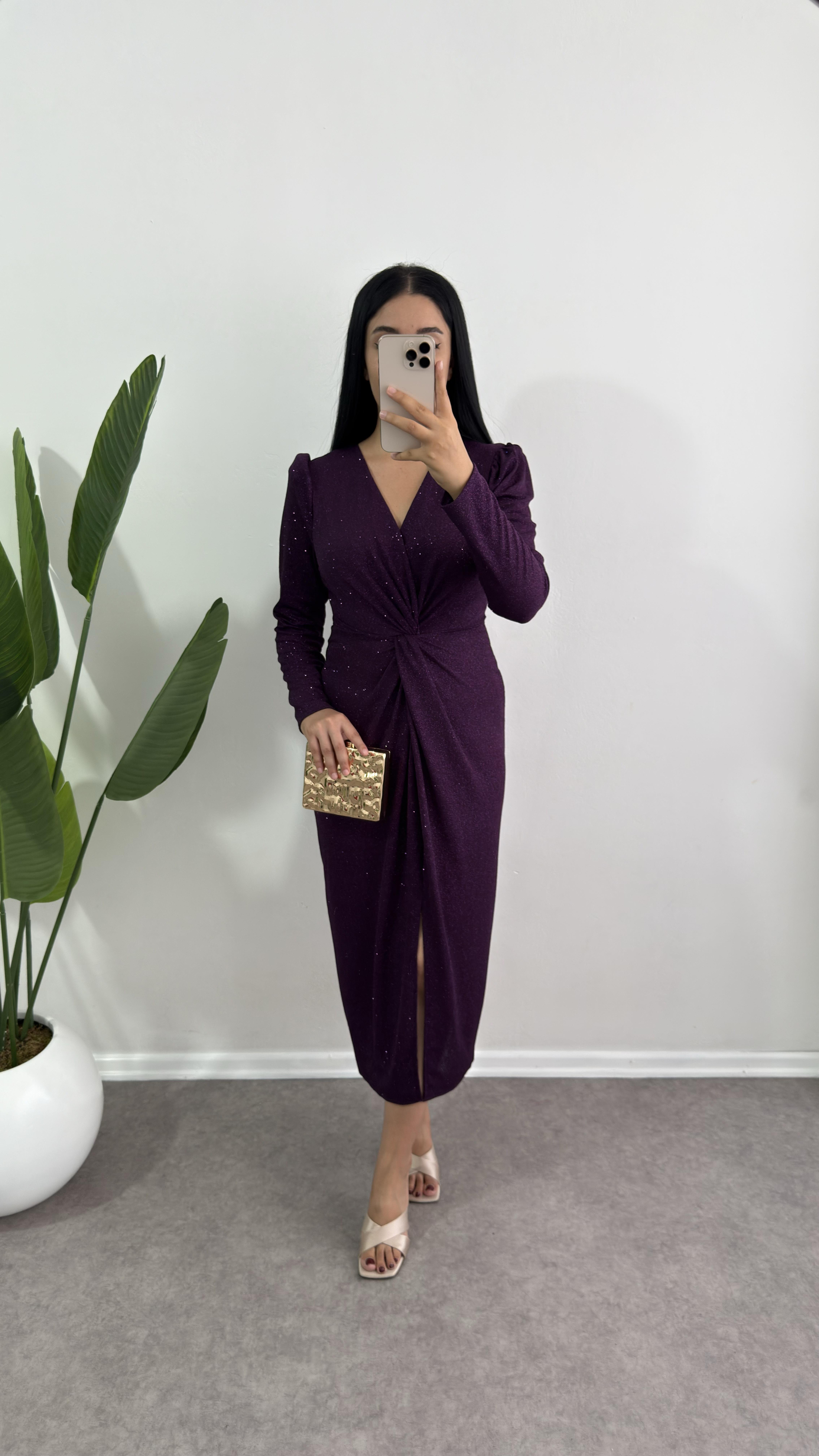 Laren Drapeli Simli Mor Elbise