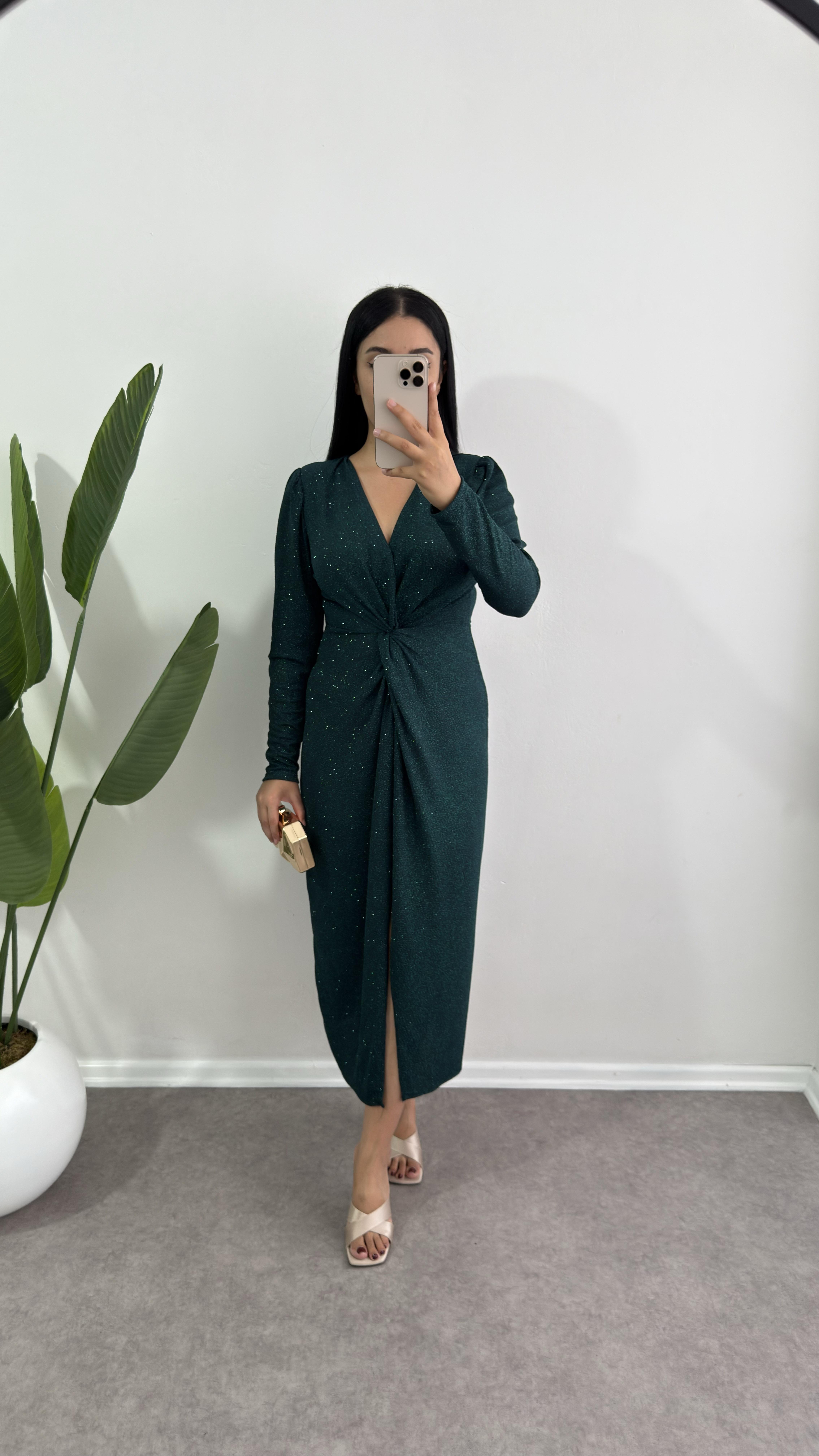 Laren Drapeli Simli Yeşil Elbise