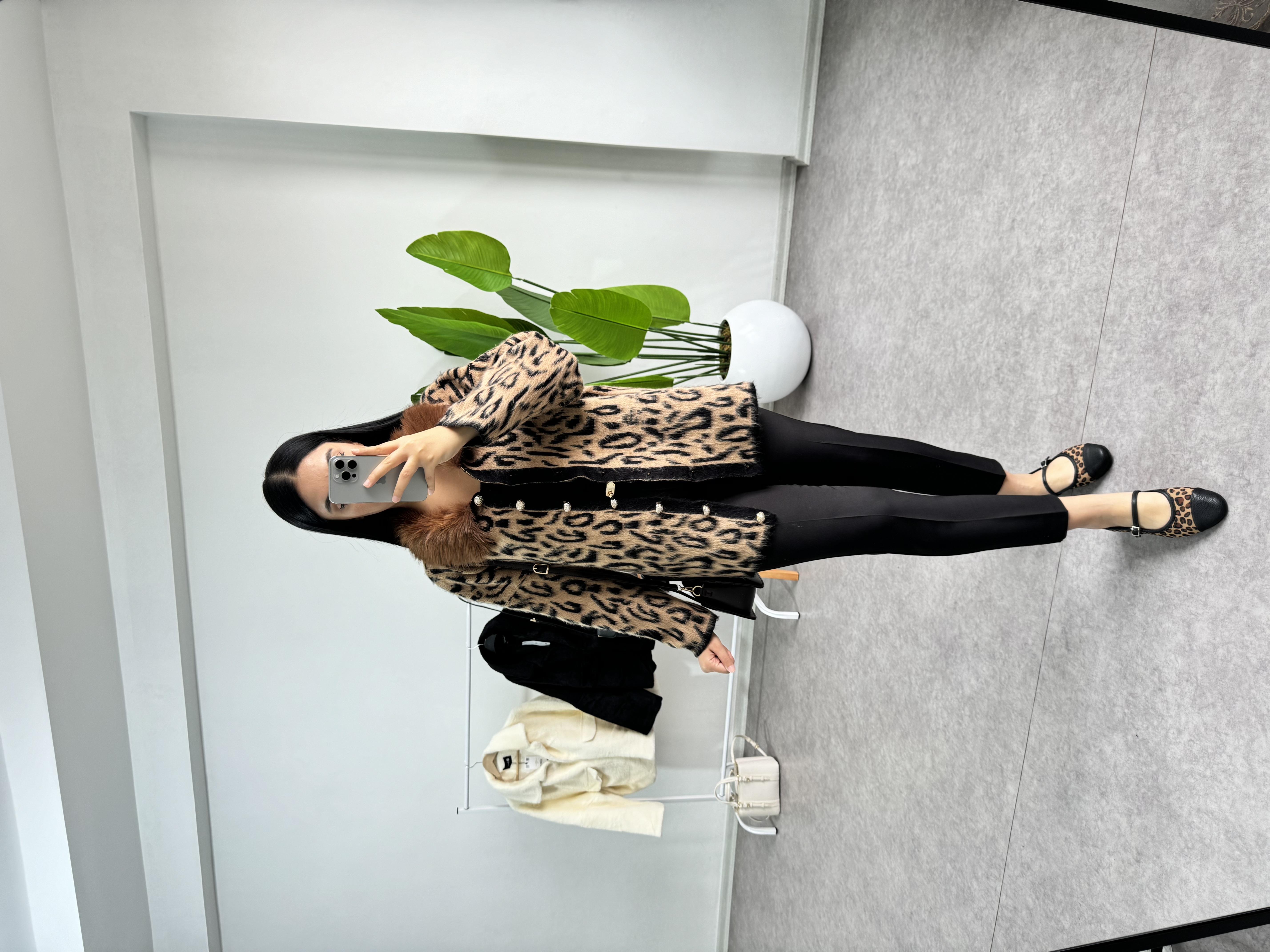 Leopar Kürk Camel Triko Hırka