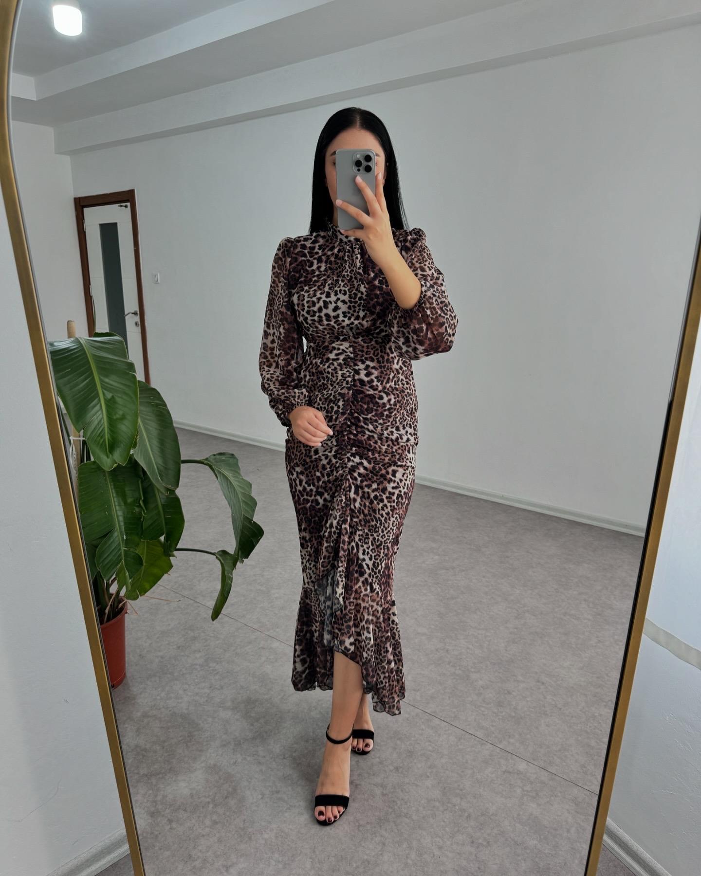 Leopar Şifon Balık Elbise