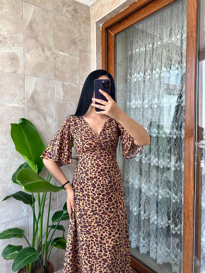Leopar volanlı viskon elbise 
