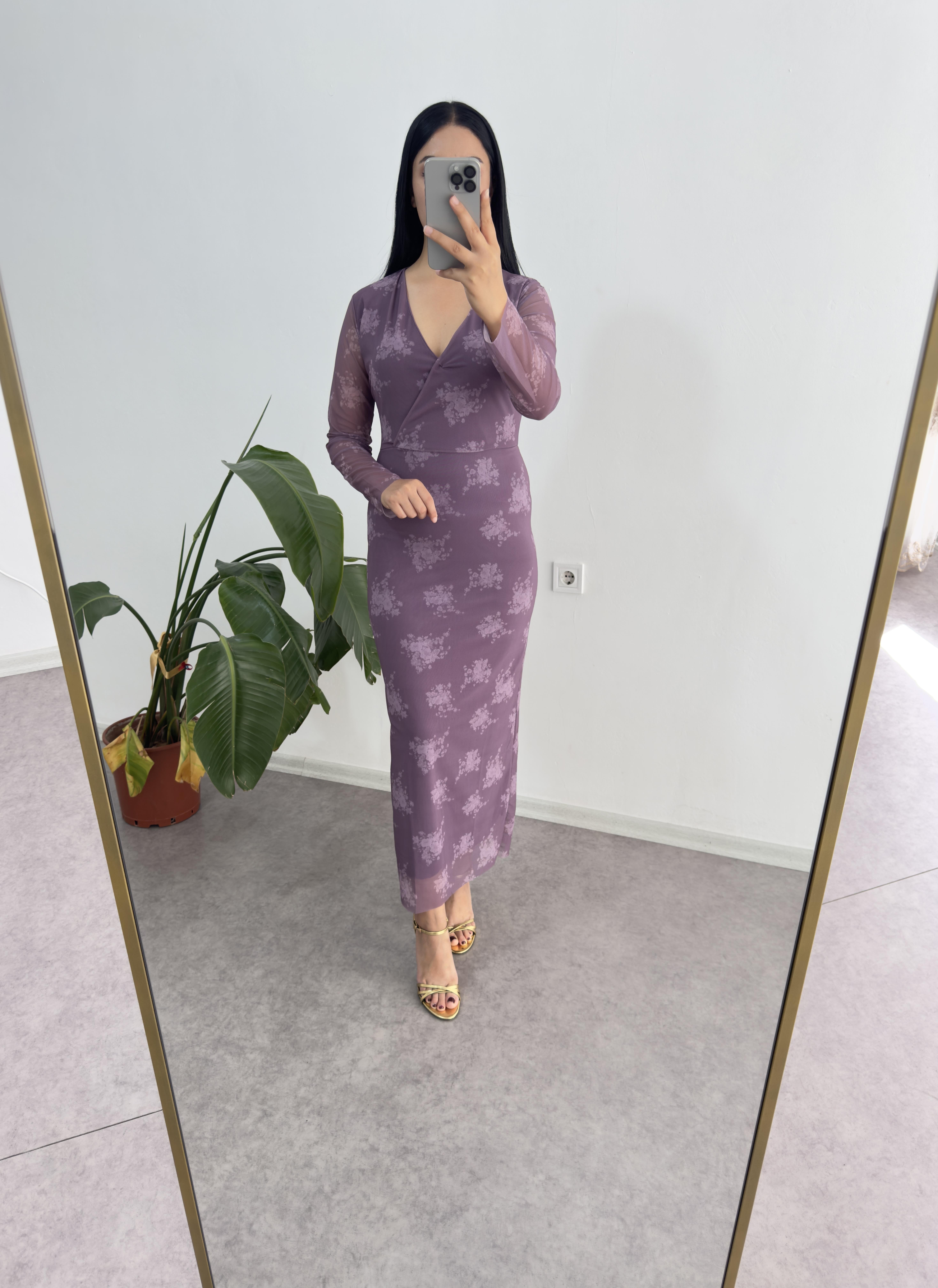 Lila Desenli Tül Elbise