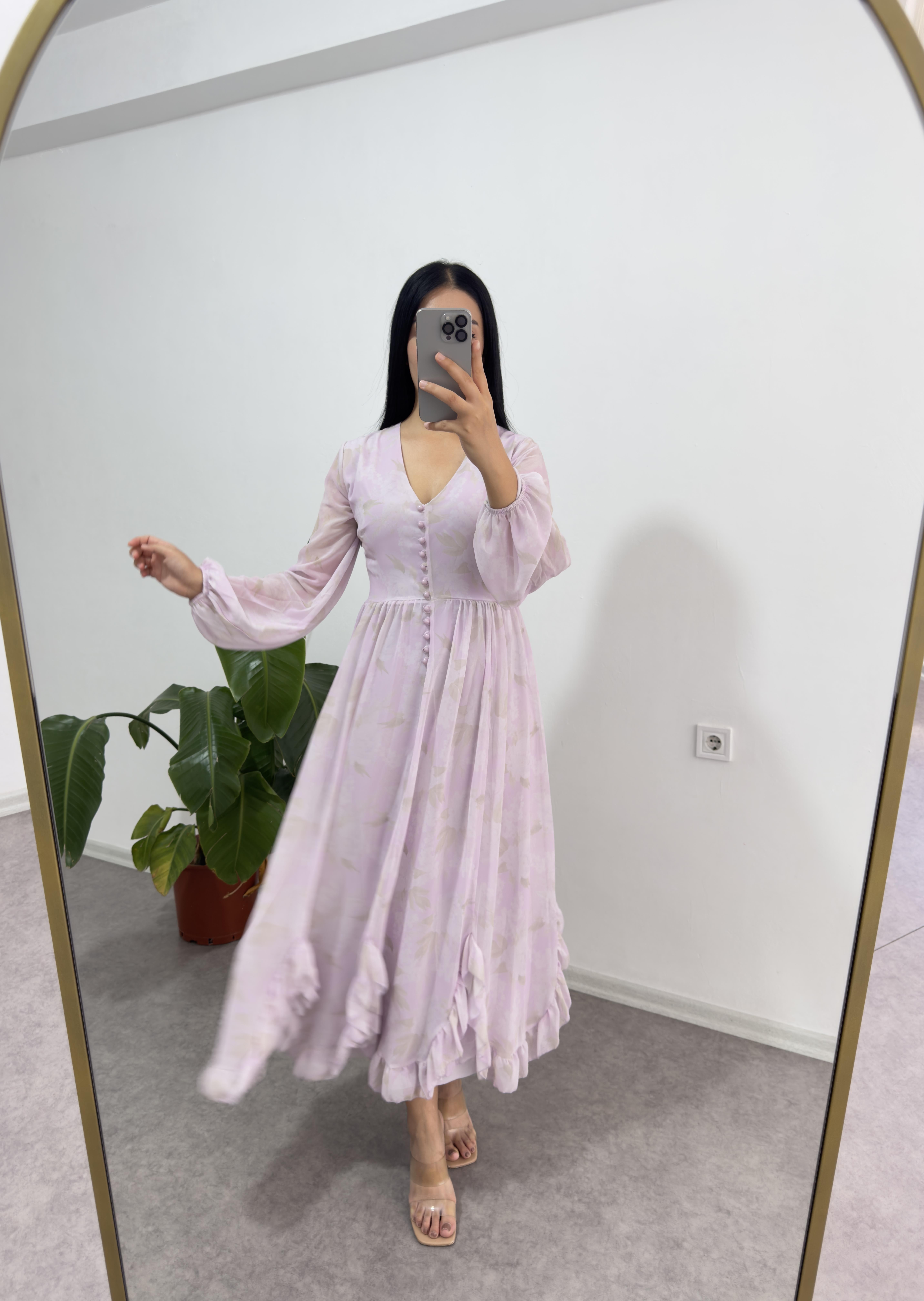 Lila Düğmeli Şifon Elbise