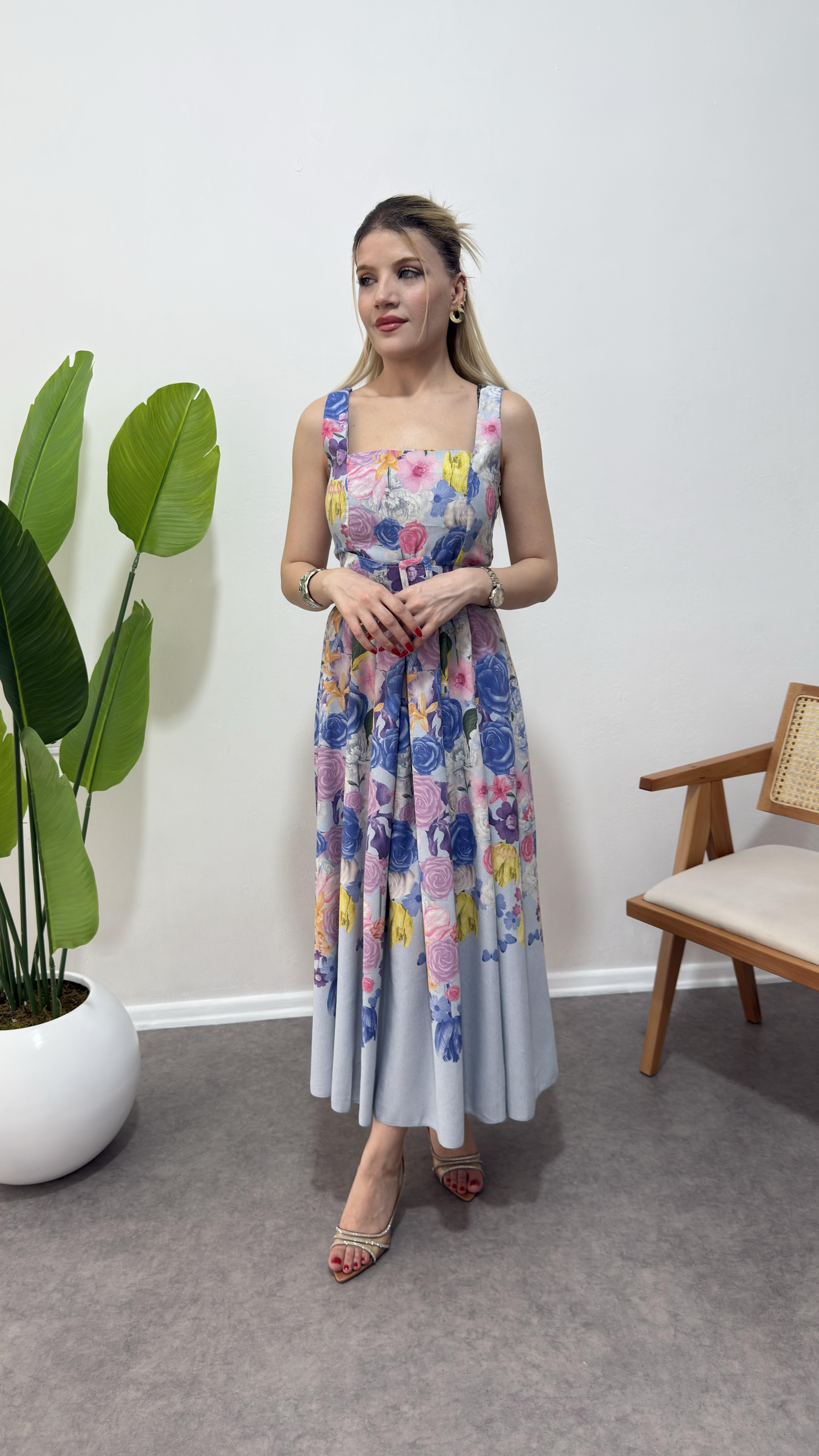 Mavi Çiçekli Lory Elbise 