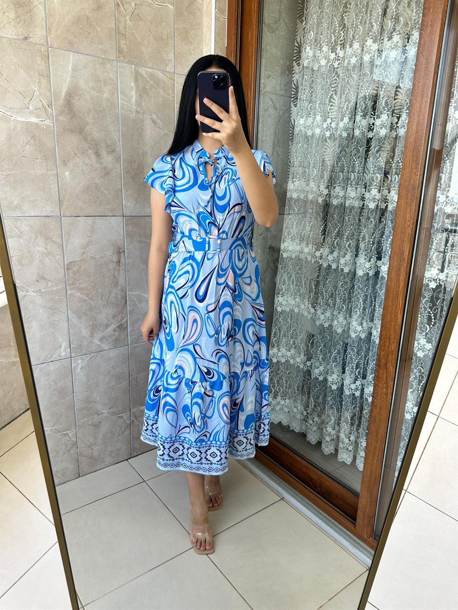 MAVİ DESENLİ KEMERLİ ELBİSE