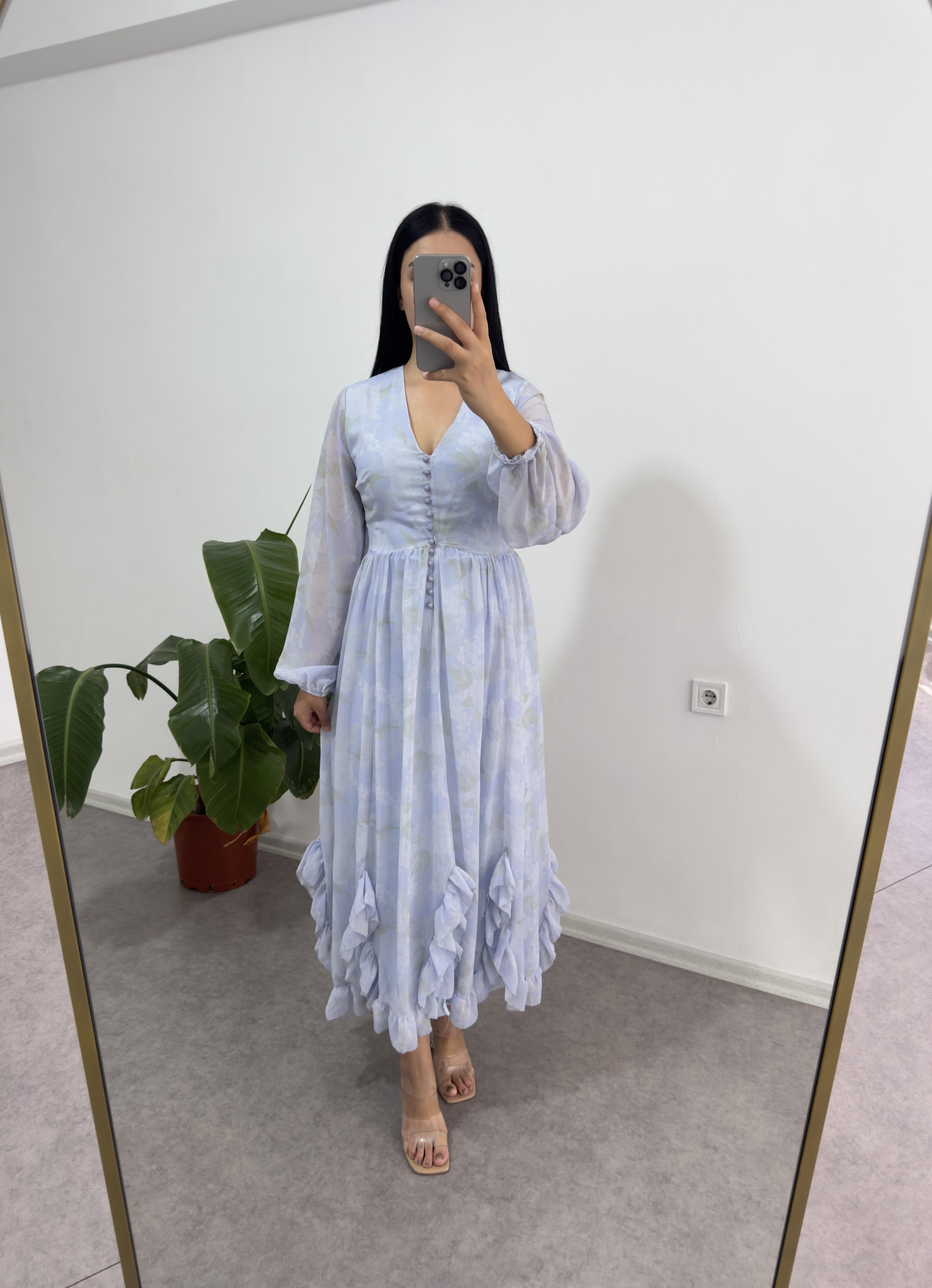 Mavi Düğmeli Şifon Elbise