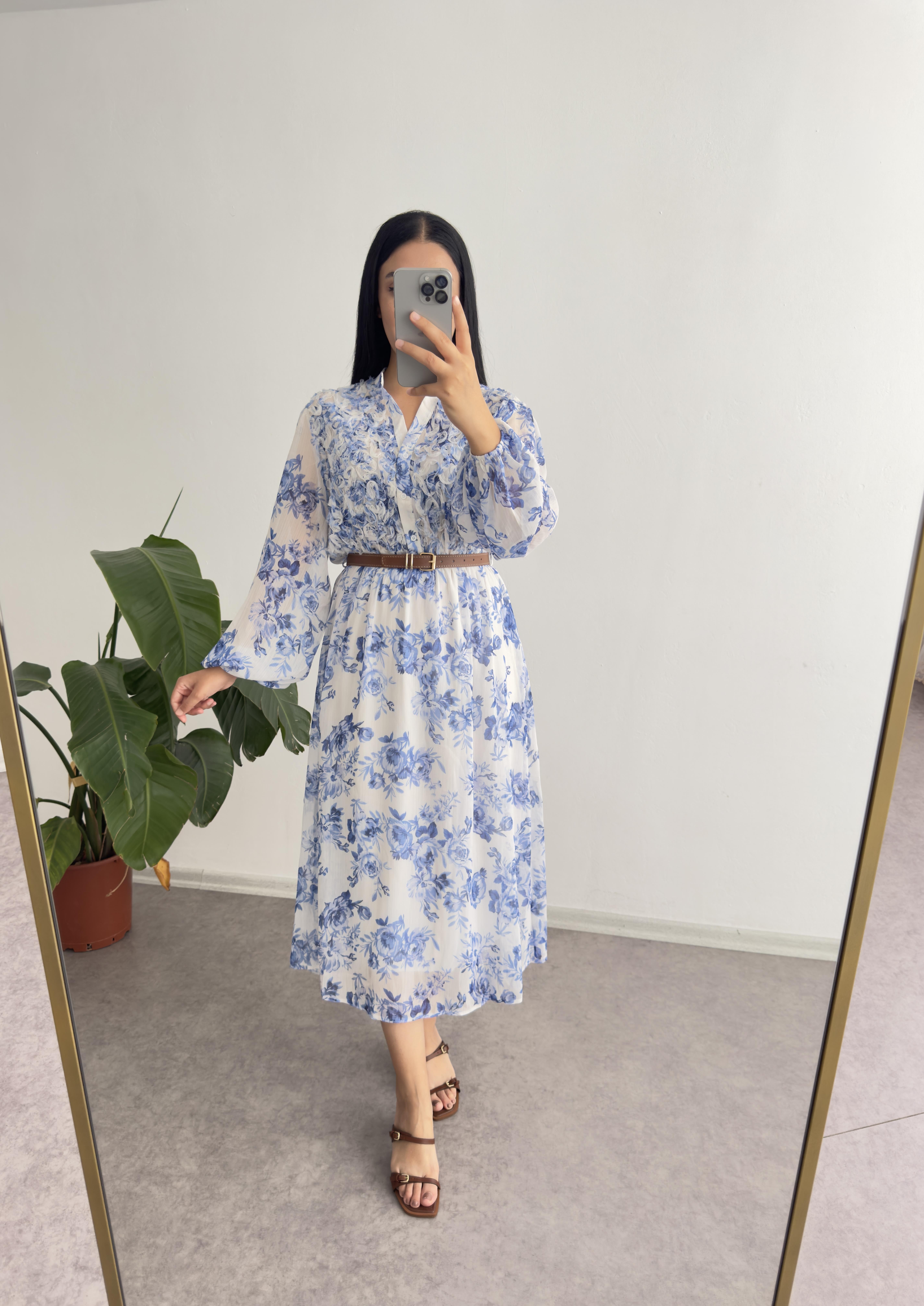 Mavi İçi Astarlı Şifon Elbise