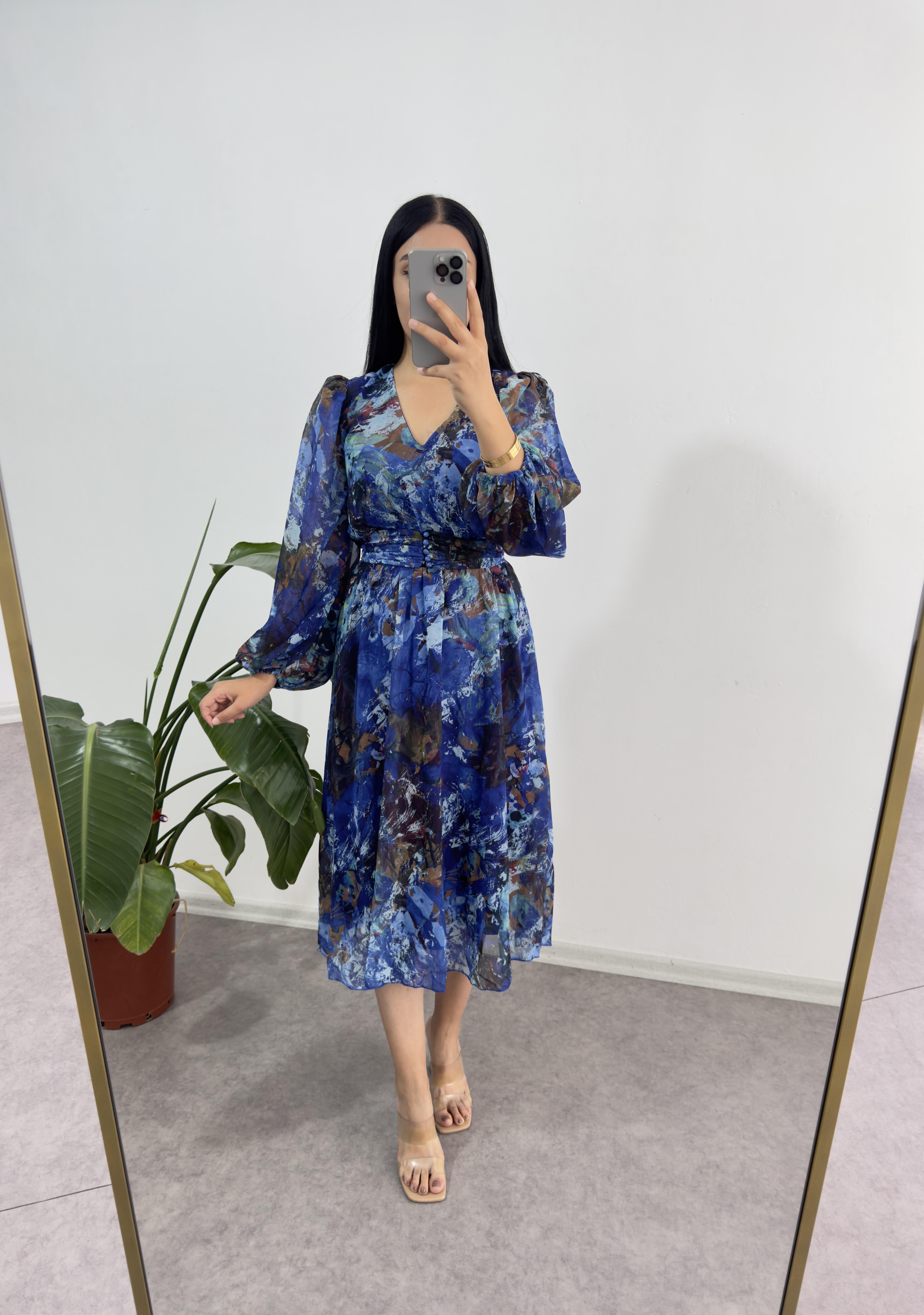 Mavi Şifon Astarlı Elbise 