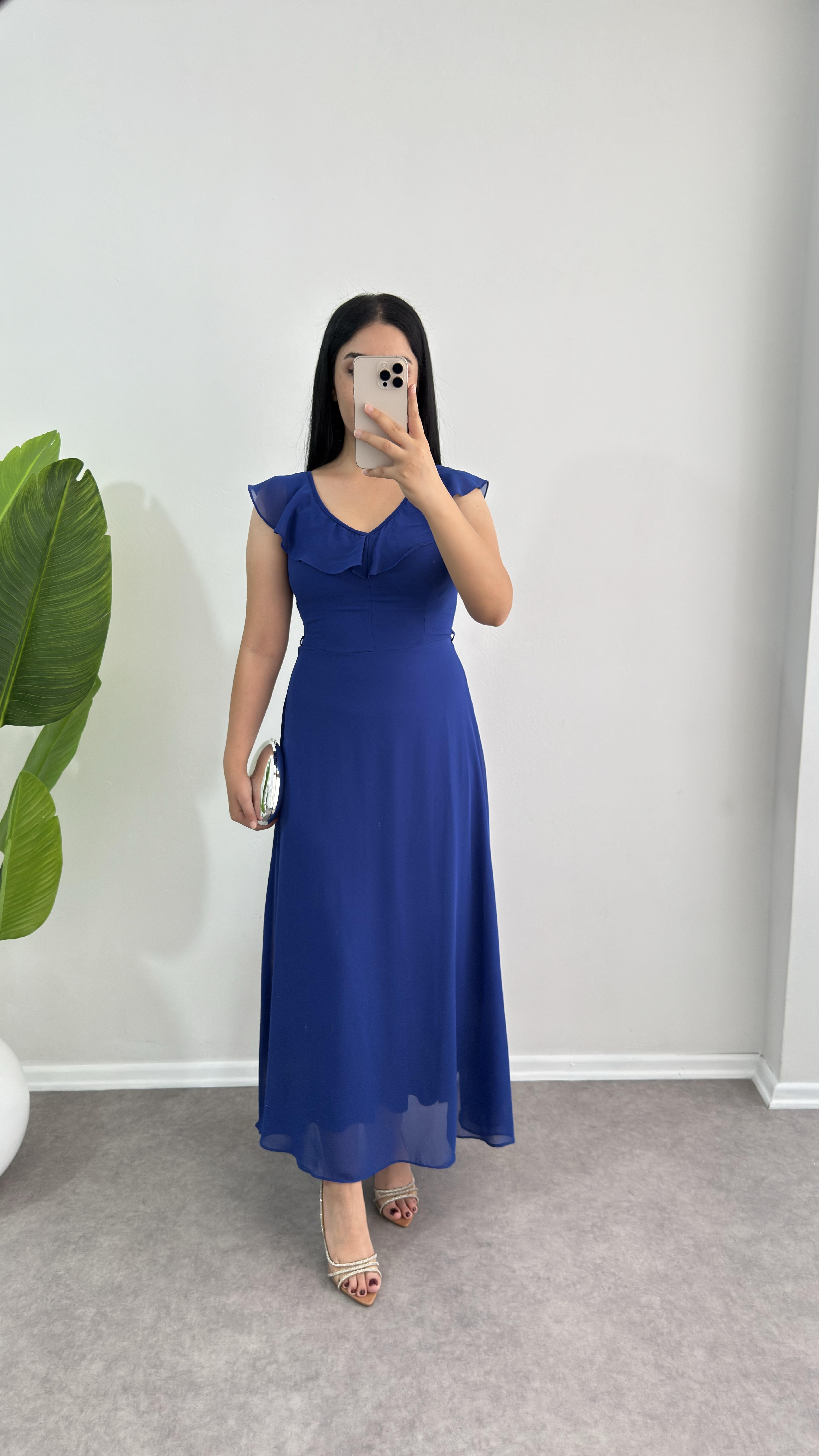 Mavi Şifon Piyen Elbise