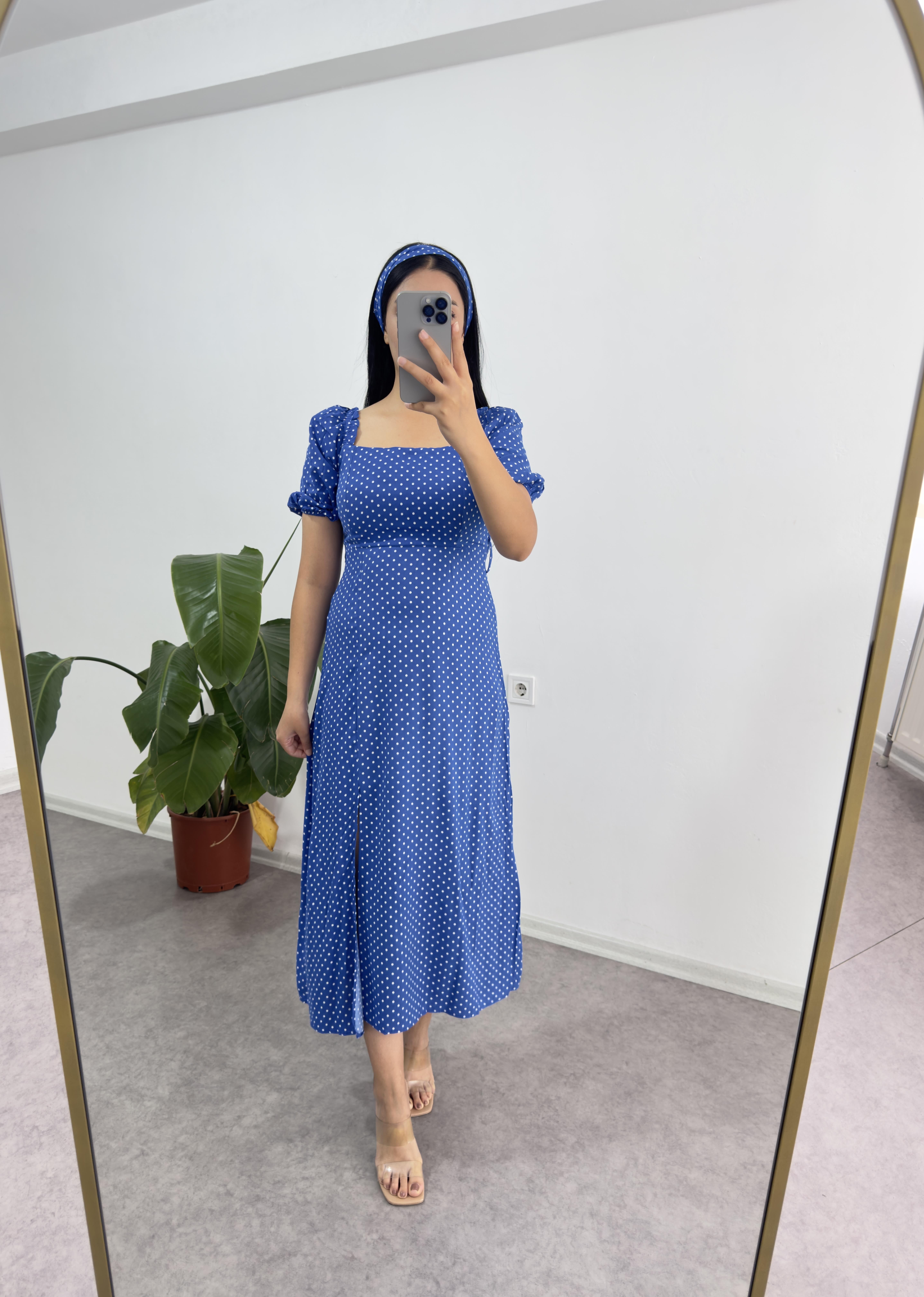 Mavi Viskon Puantiyeli Elbise