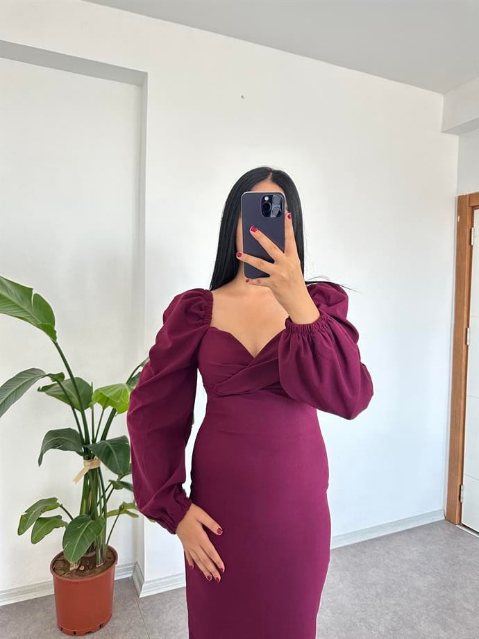 Mor uzun kol krep kumaş elbise