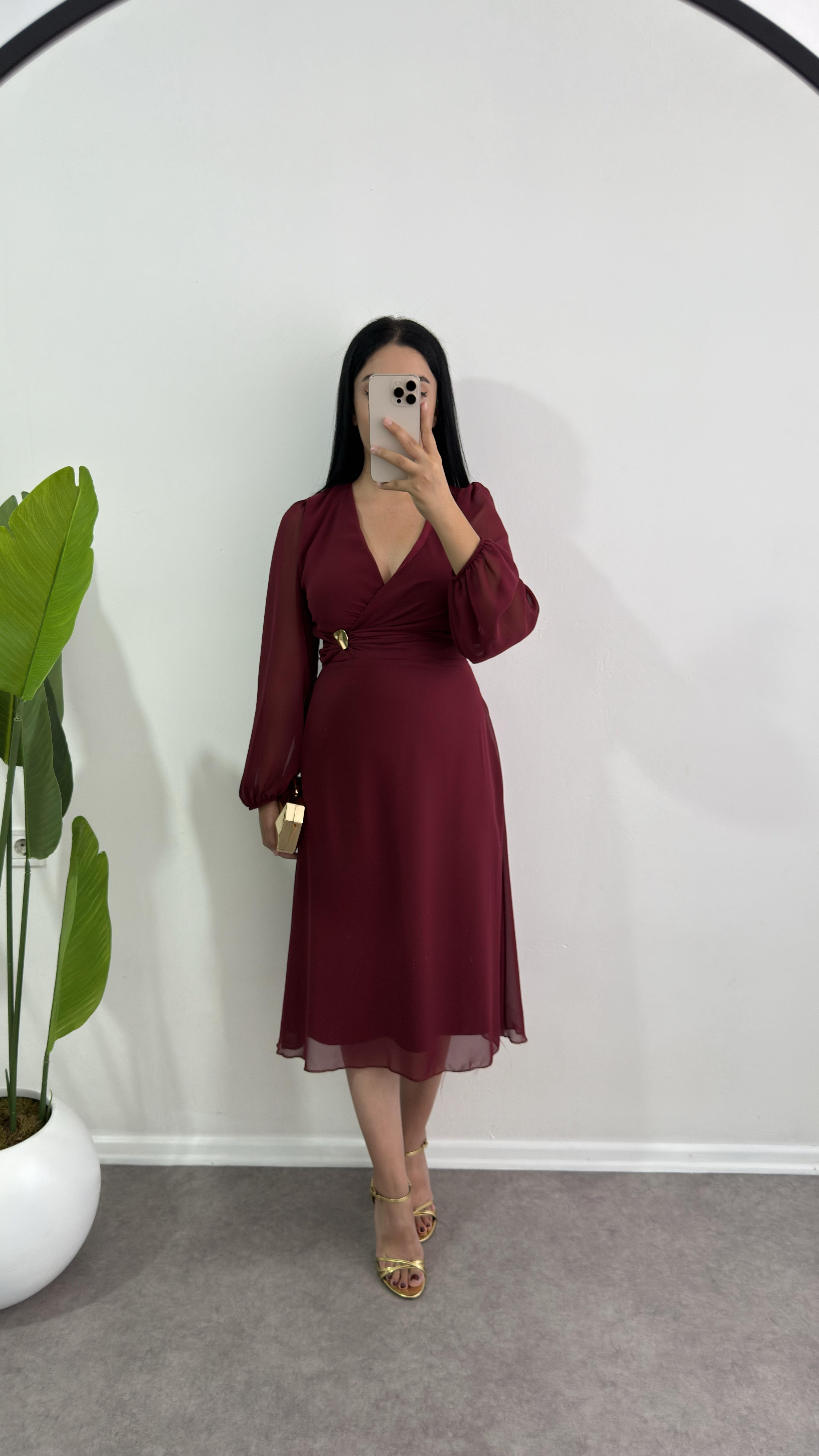 Nare Bordo Şifon Elbise