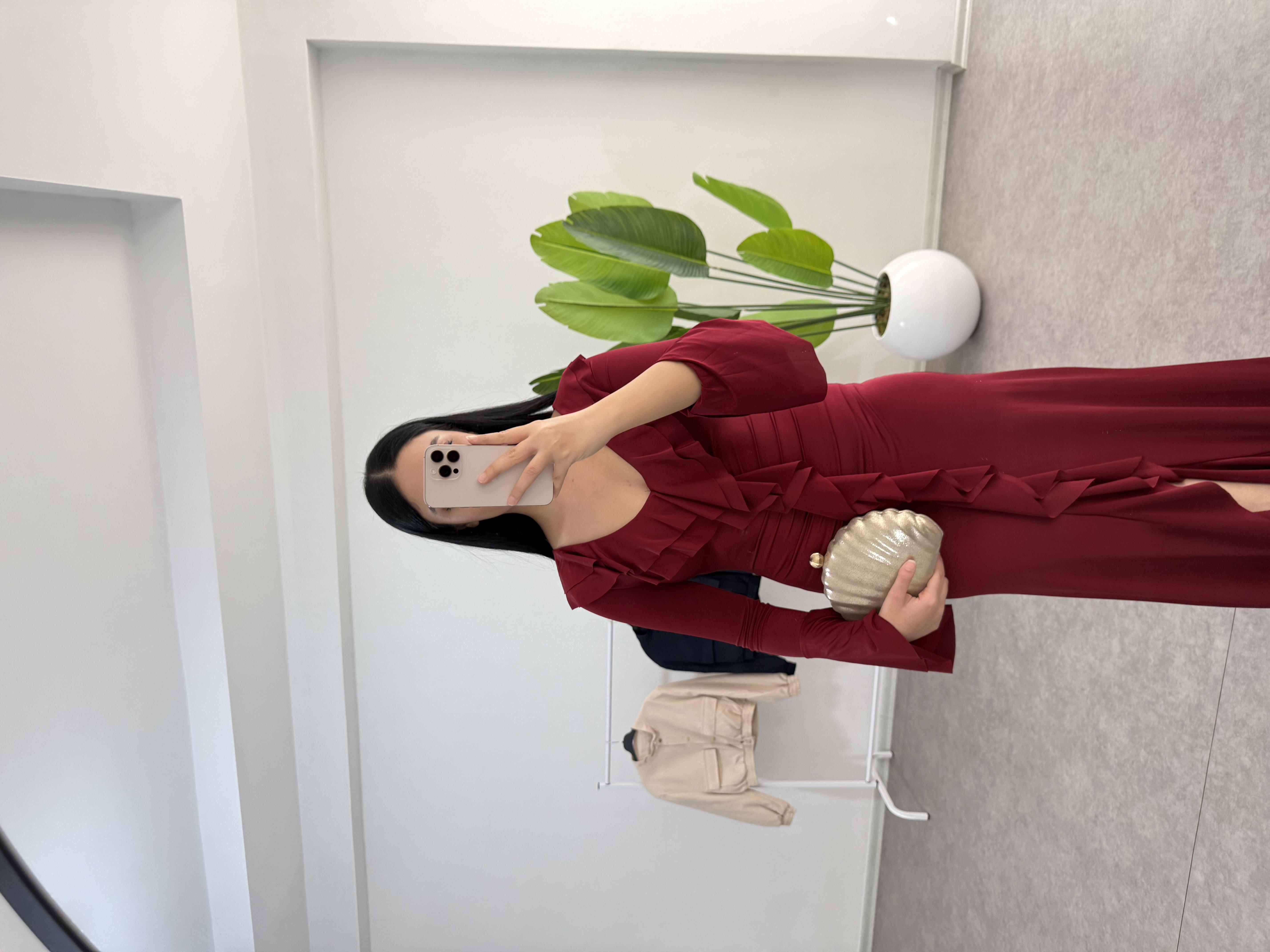 Önden Fırfırlı Lukka Bordo Elbise 