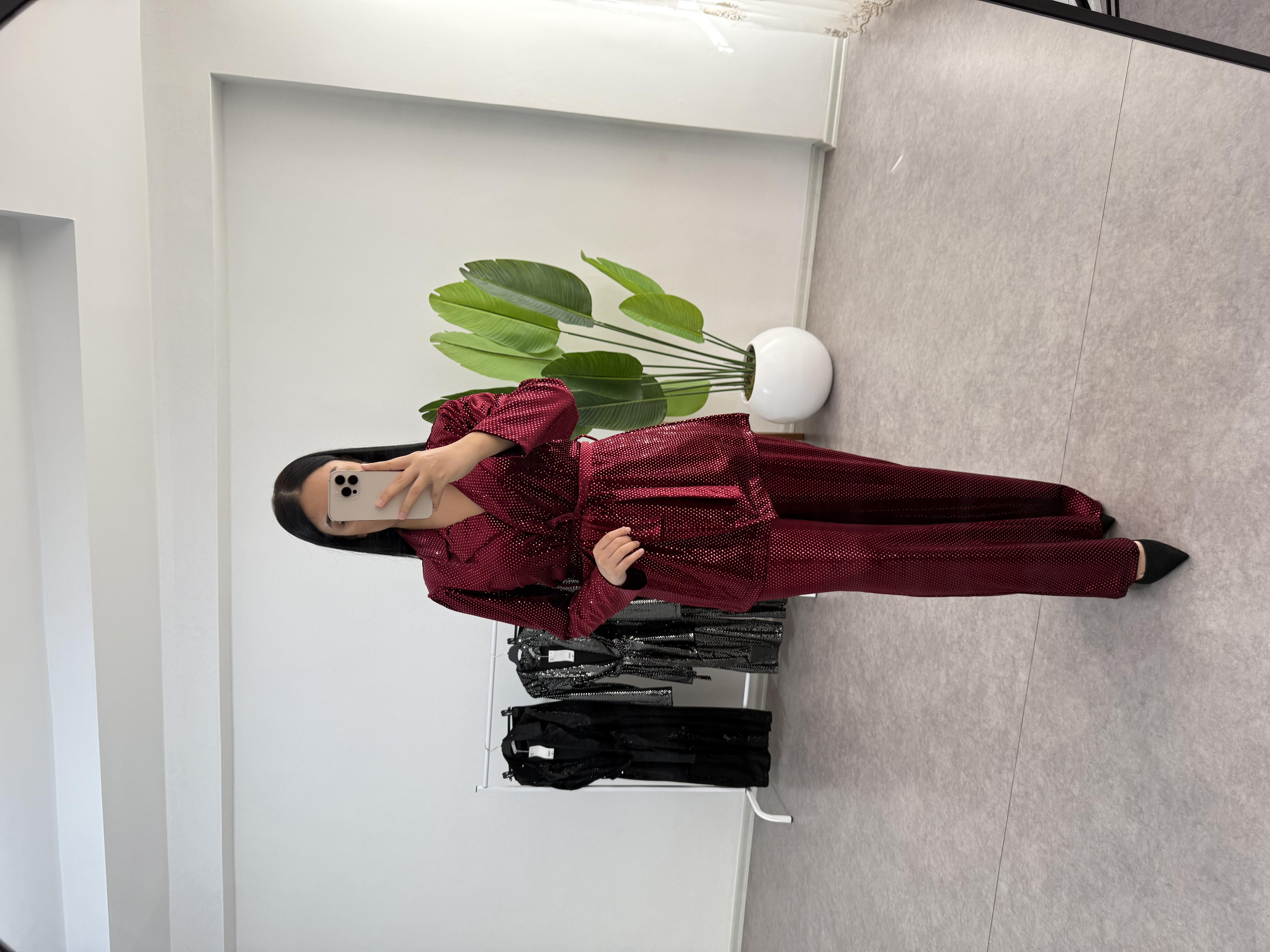 Parlak Kumaş Bordo Takım