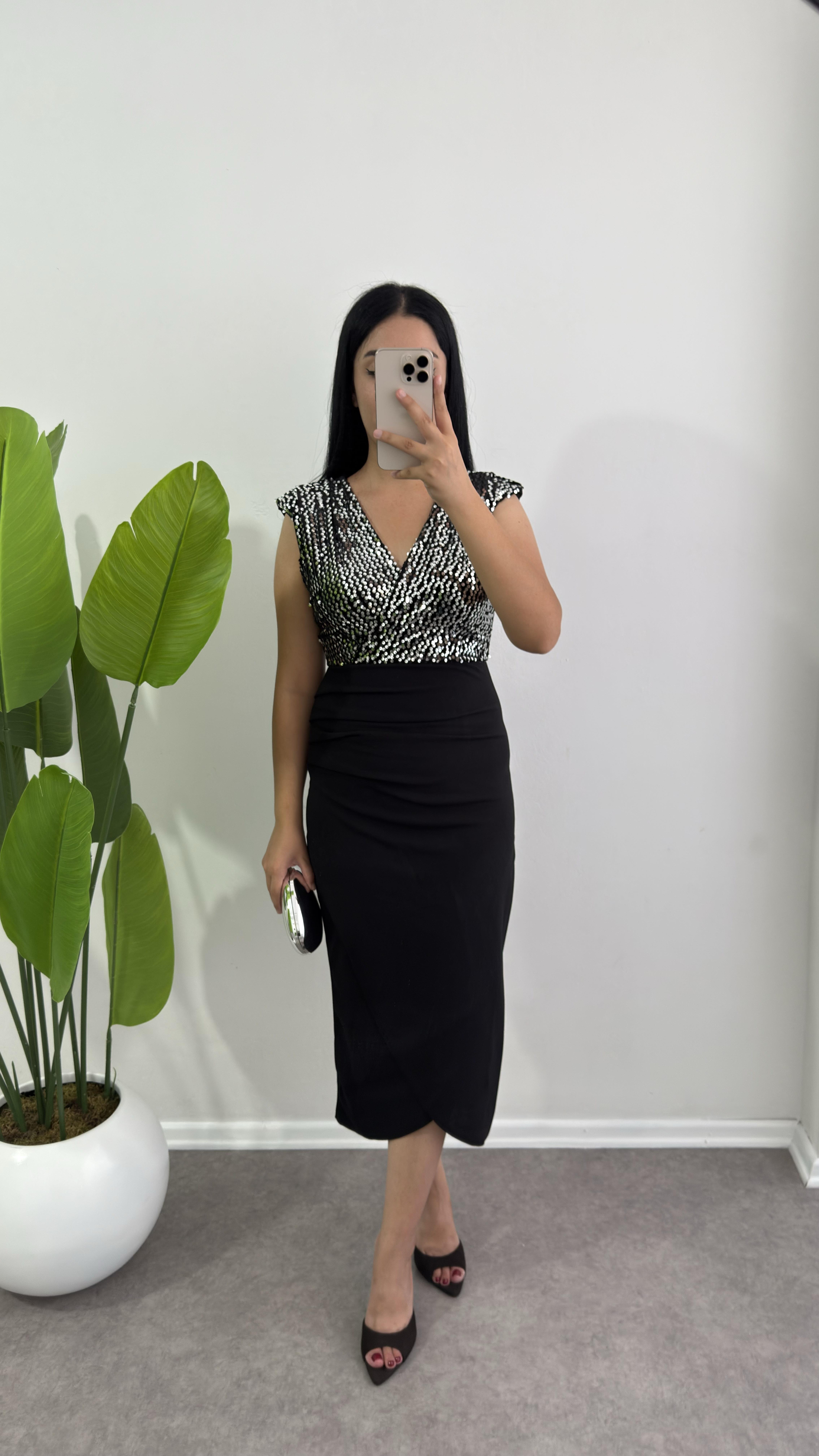 Payetli Gümüş Krep Kumaş Elbise