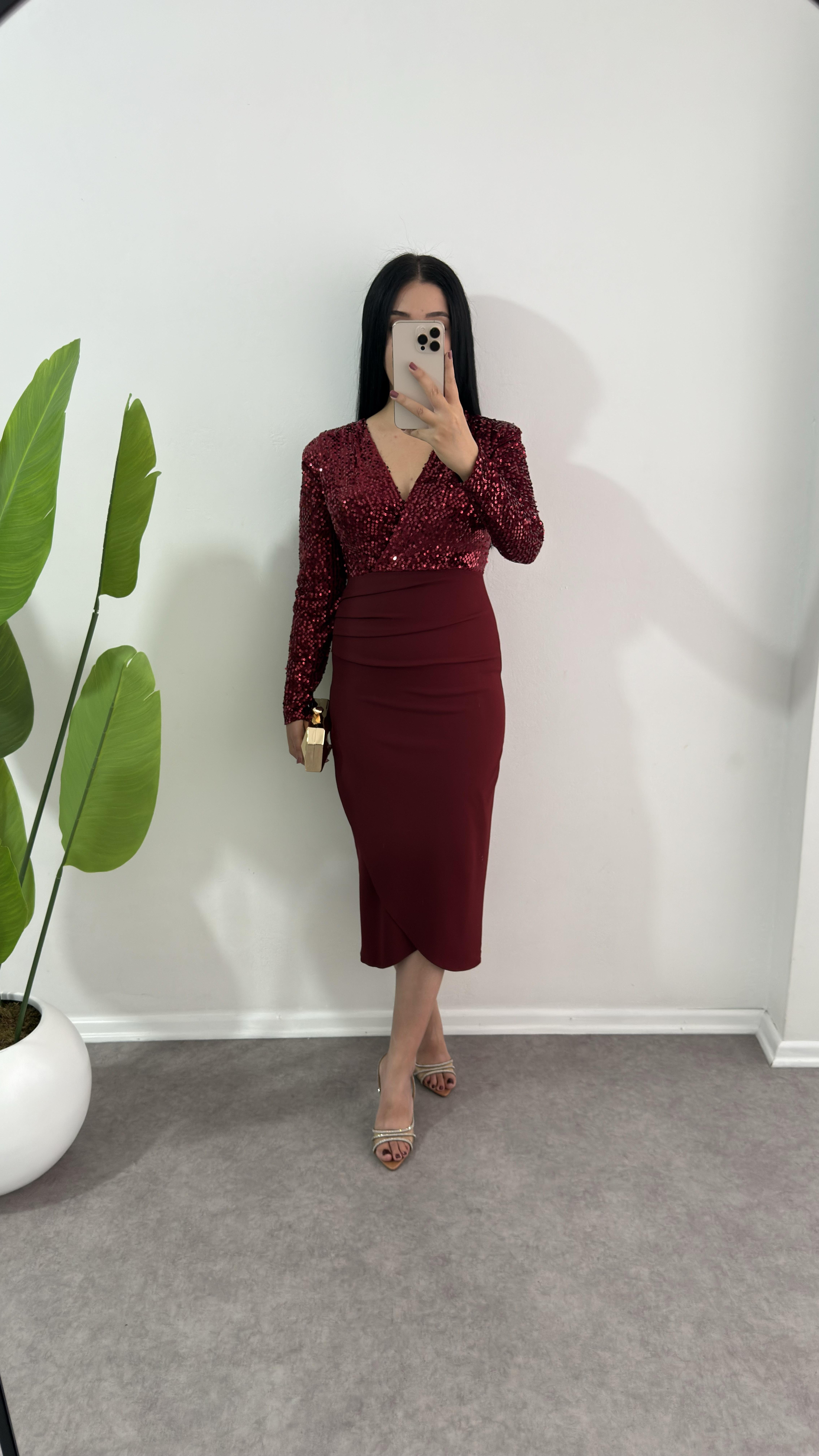 Payetli Merly Bordo Elbise