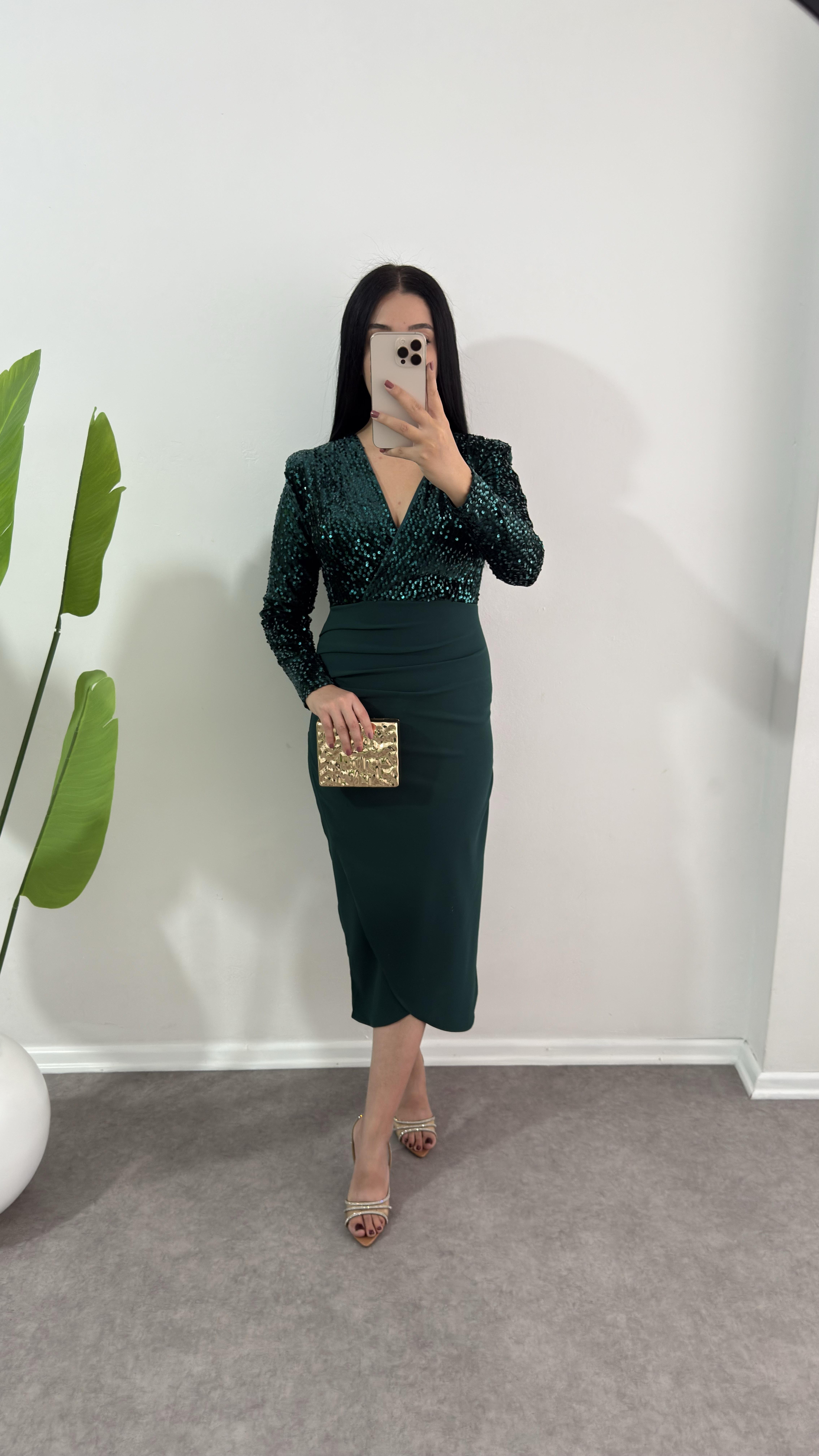 Payetli Merly Yeşil Elbise