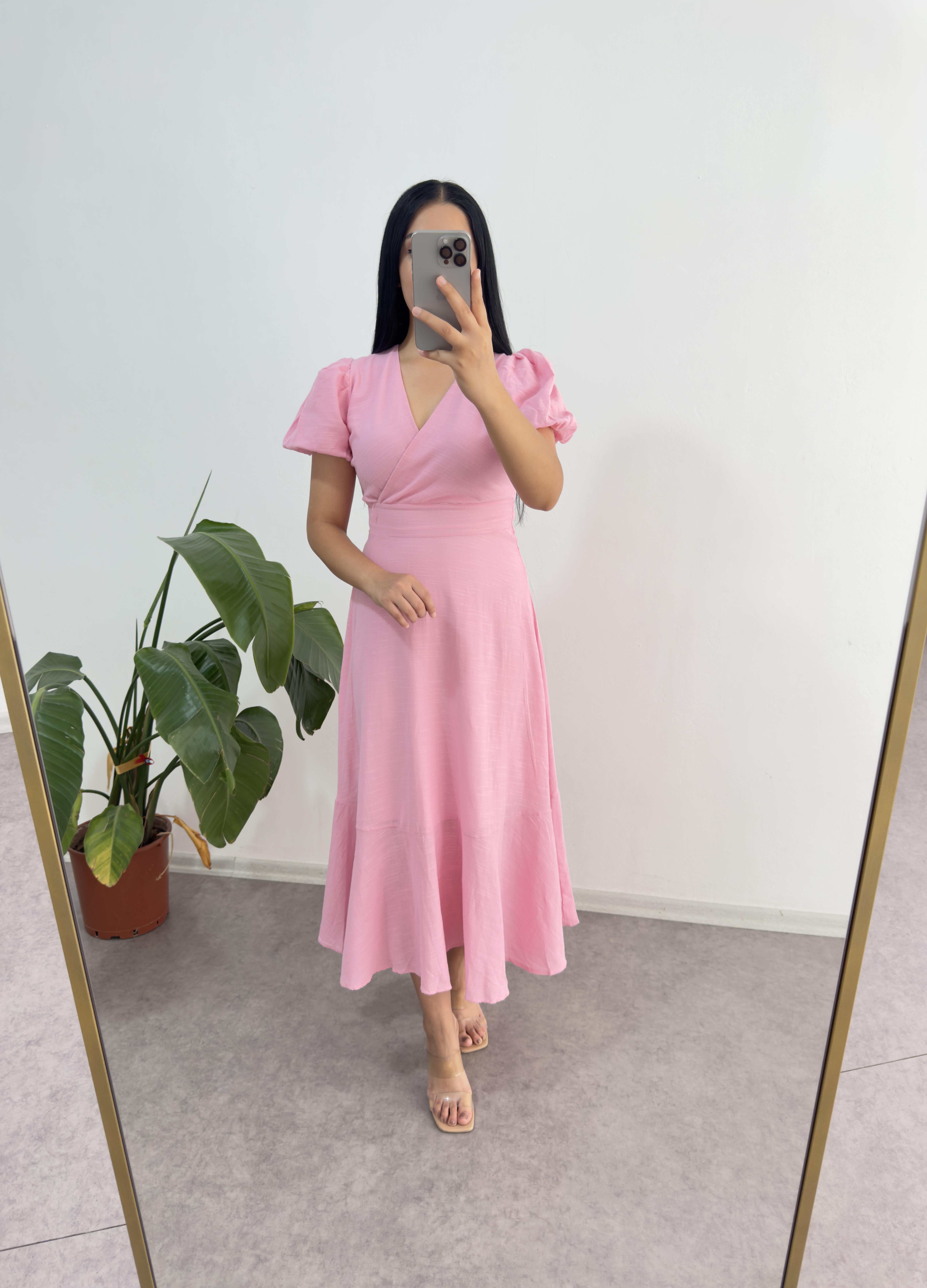 Pembe Keten Astarlı Elbise 