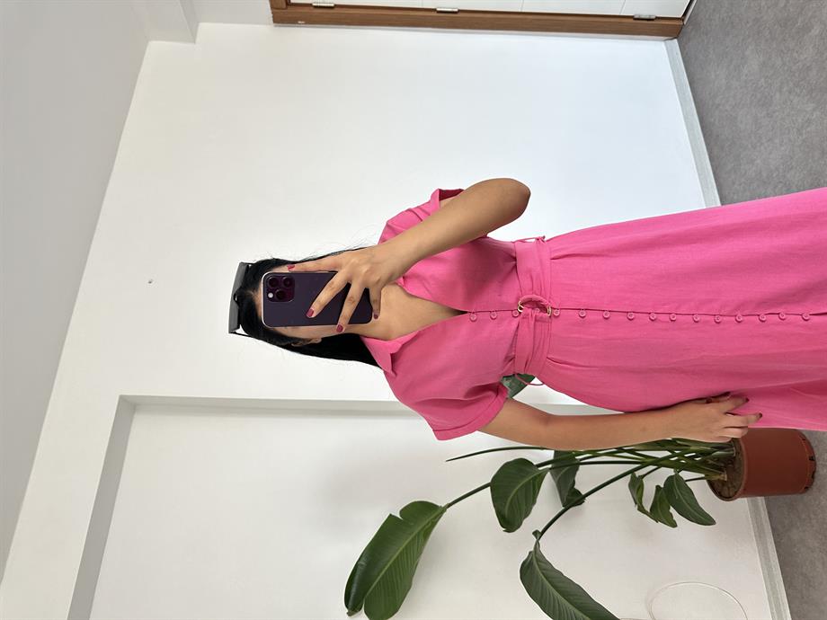 Pembe keten düğmeli elbise 