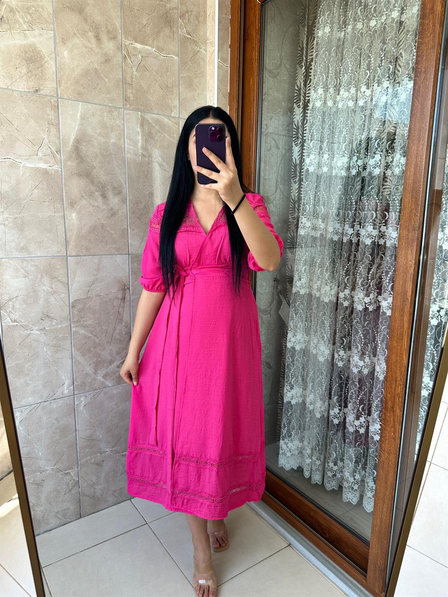 PEMBE KETEN ELBİSE
