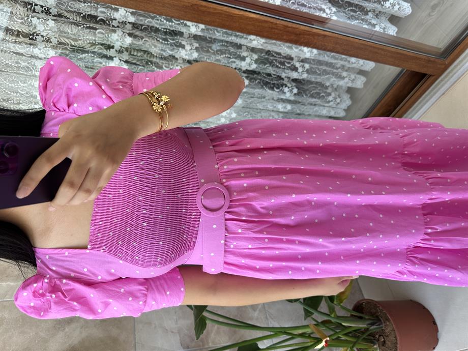 Pembe poplin elbise kemerli