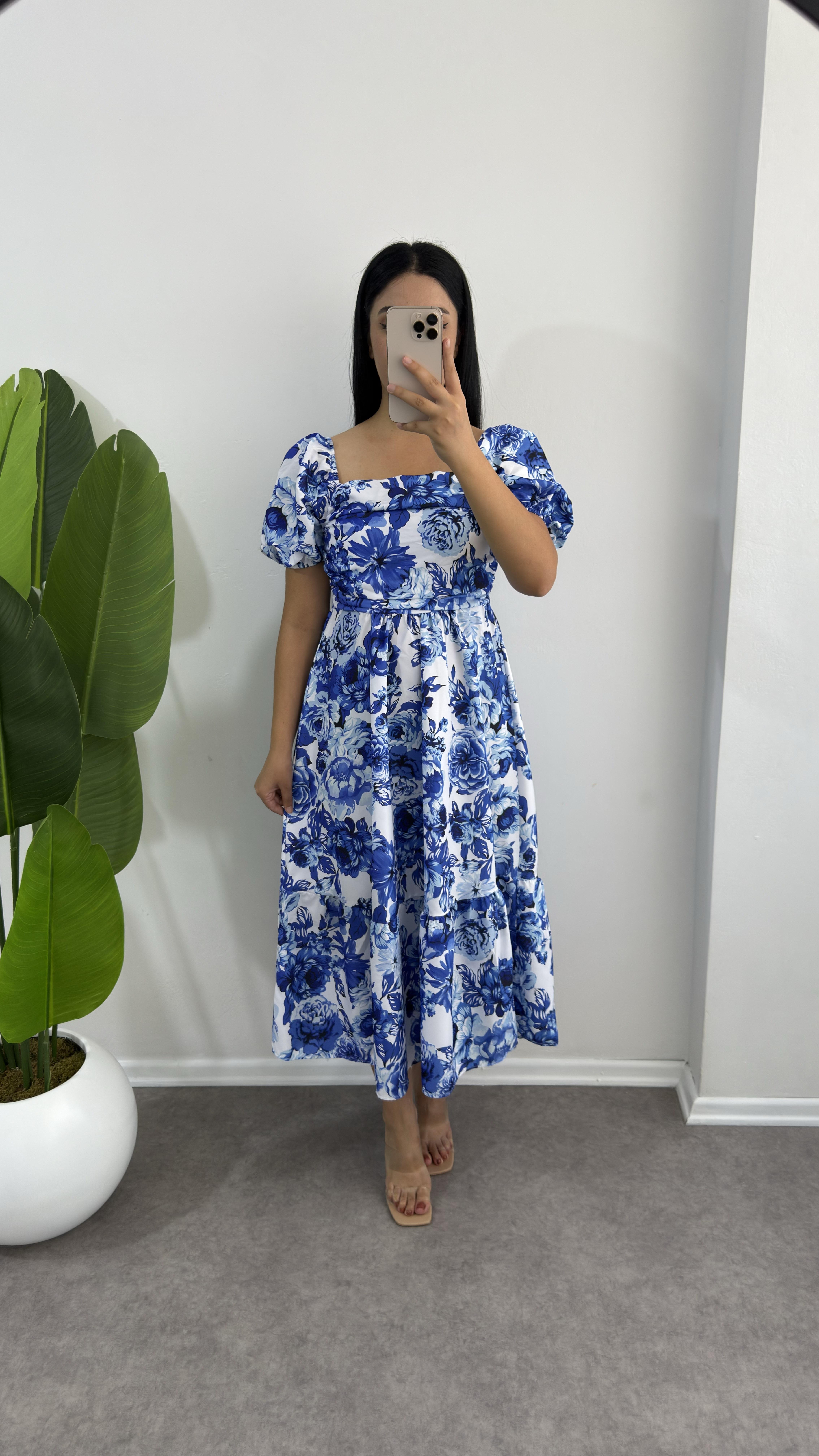 Poplin Çiçekli Mavi Elbise 