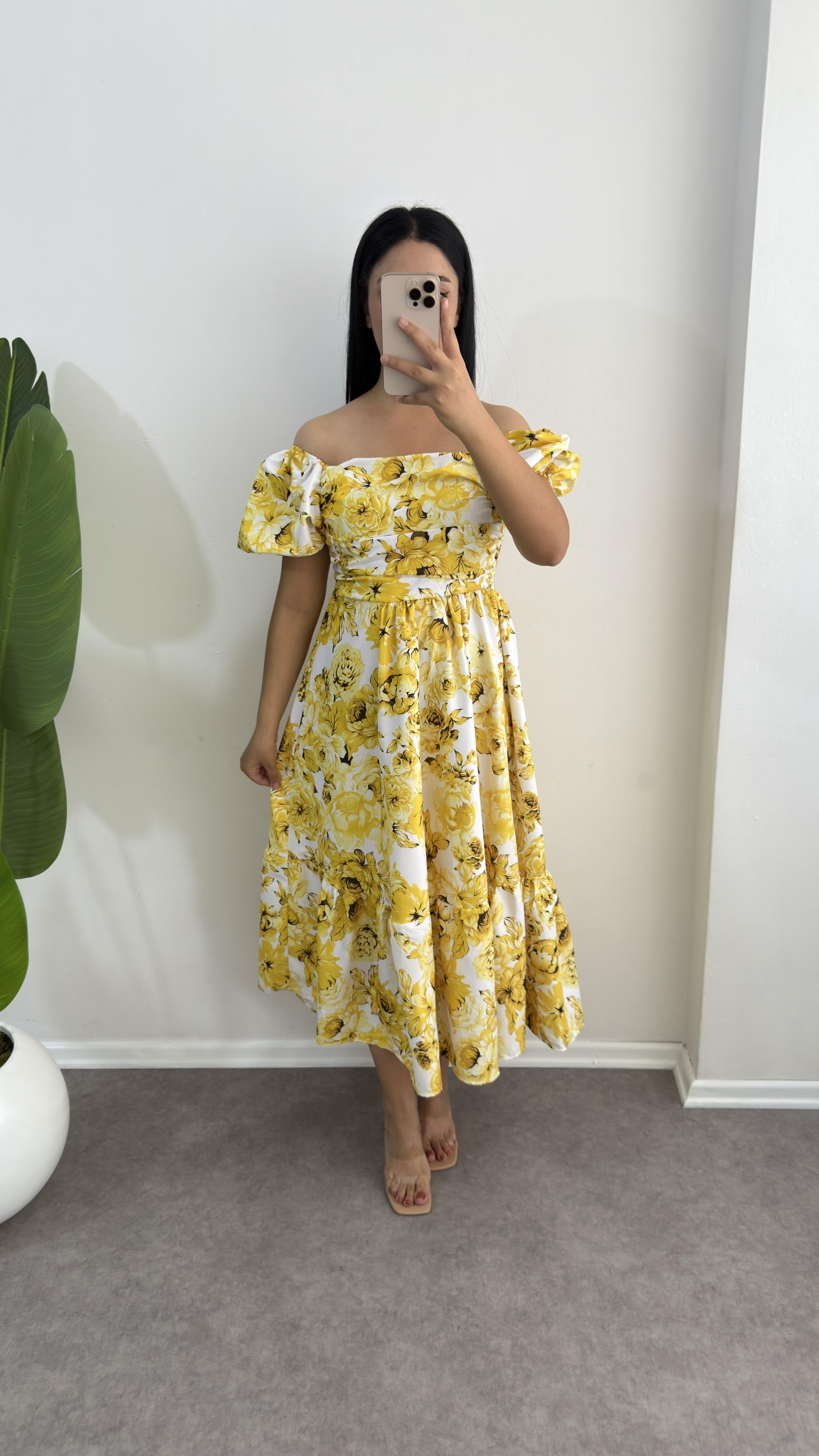 Poplin Çiçekli Sarı Elbise