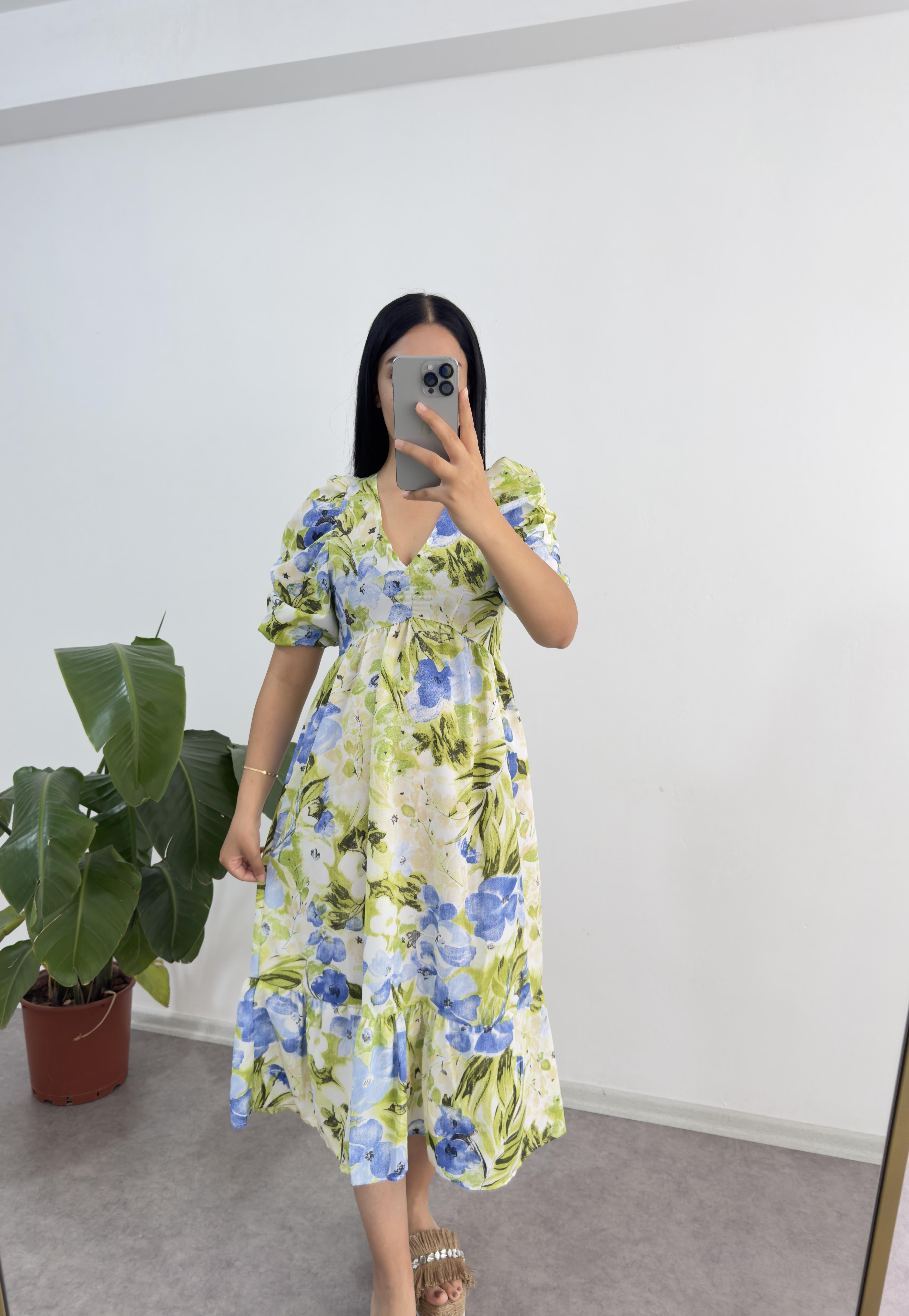 Poplin Kumaş Yeşil Elbise