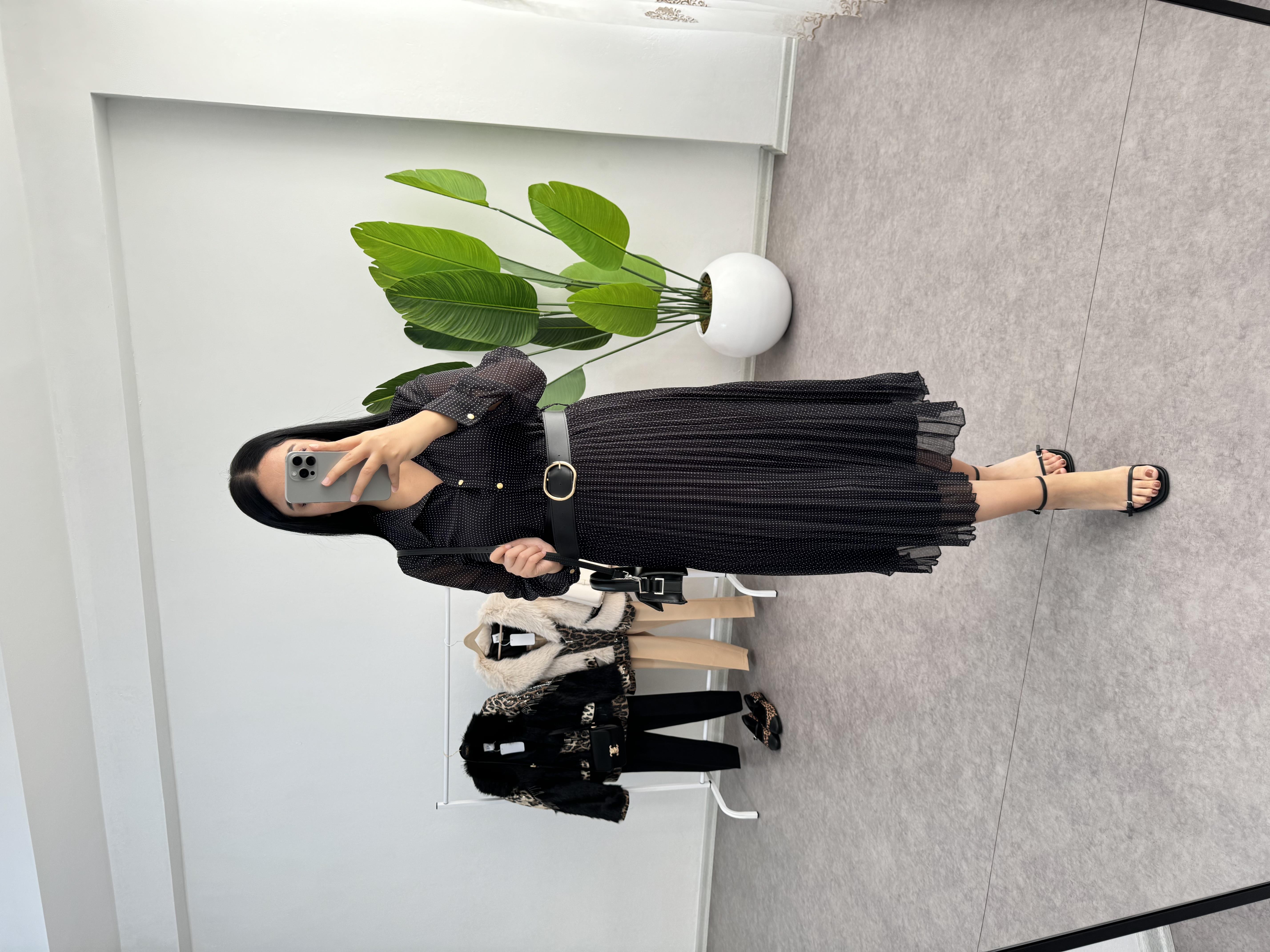 Puantiyeli Beli Lastikli Acardion Elbise