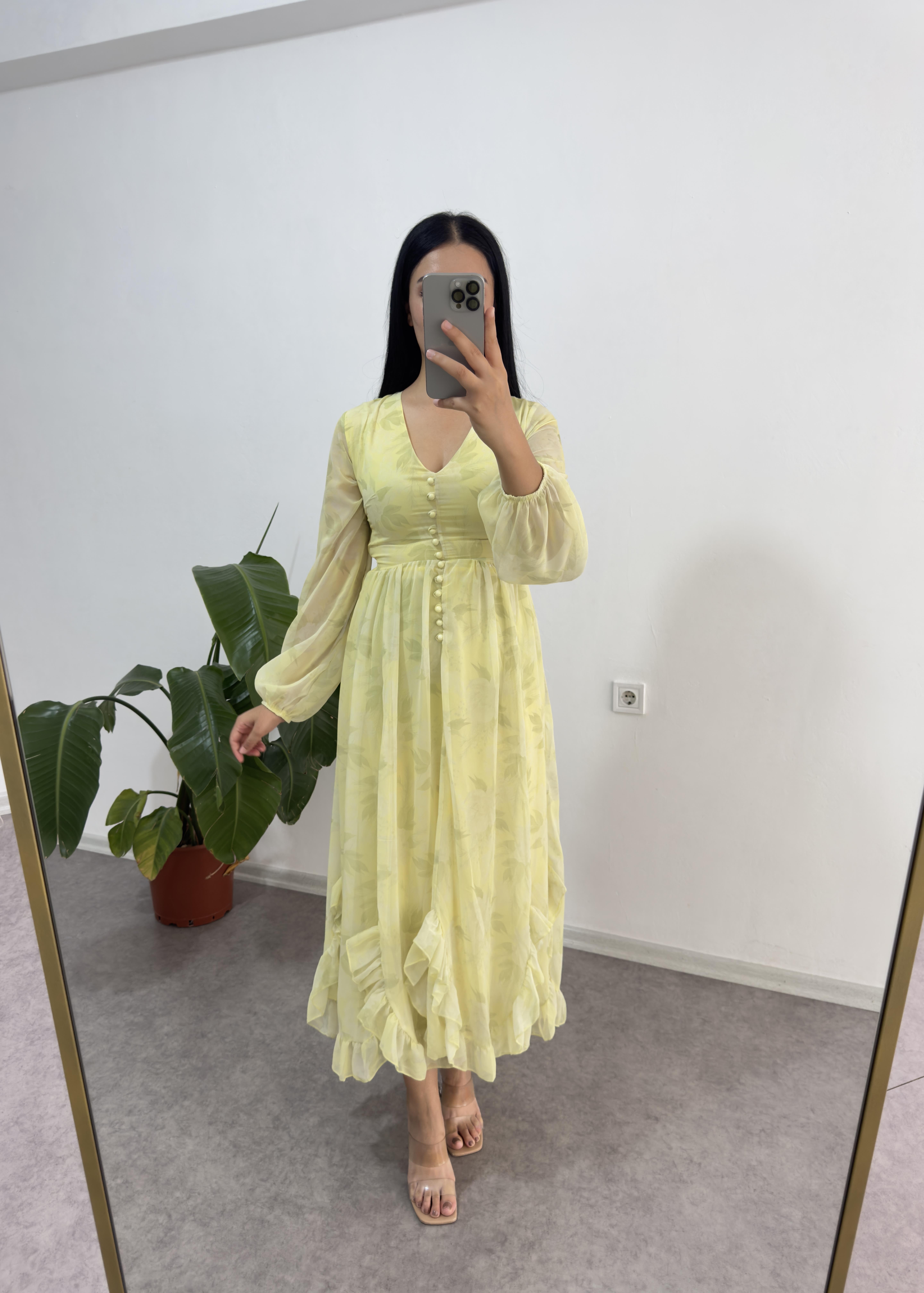 Sarı Düğmeli Şifon Elbise