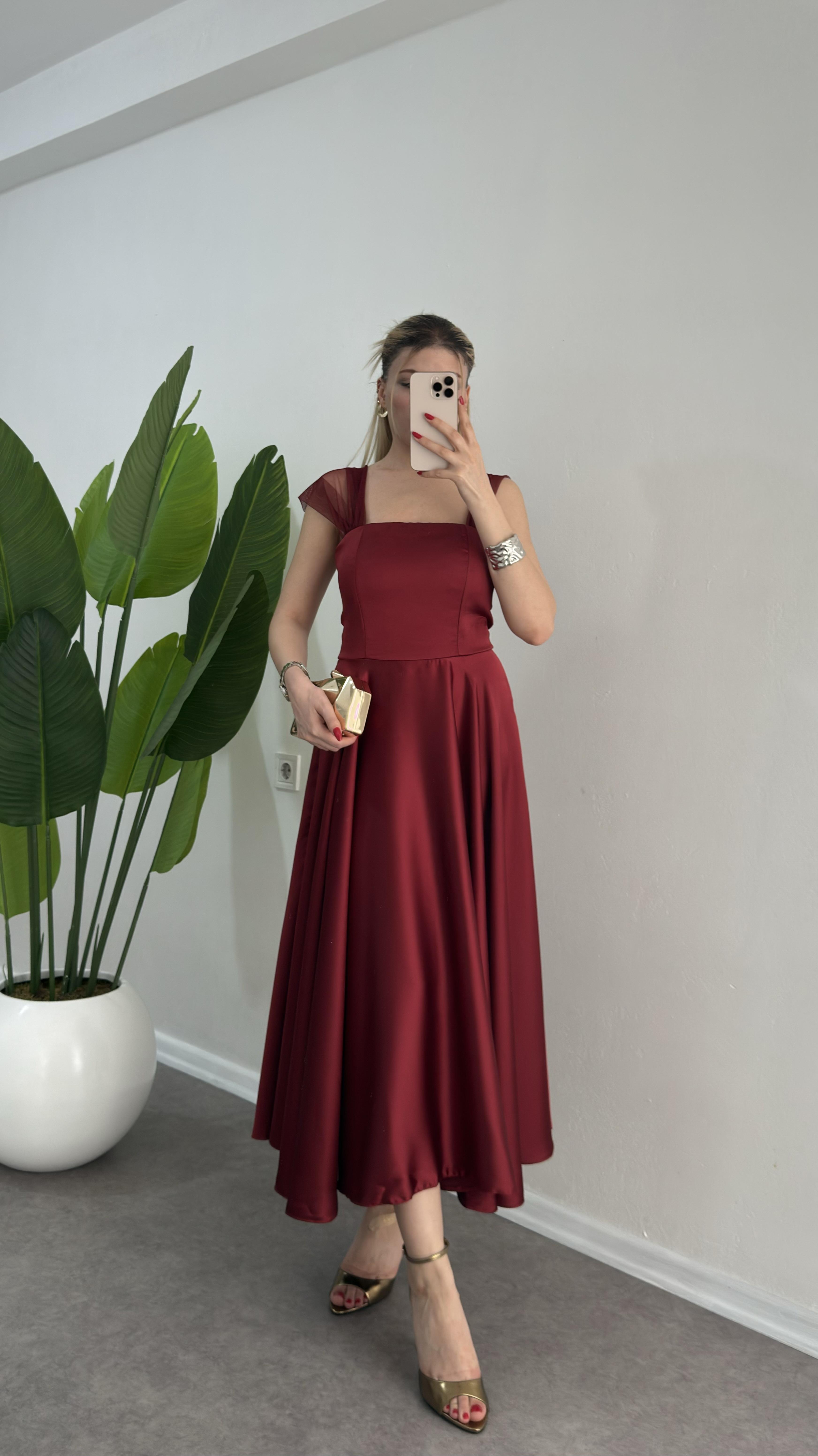 Saten Bordo Pery Elbise