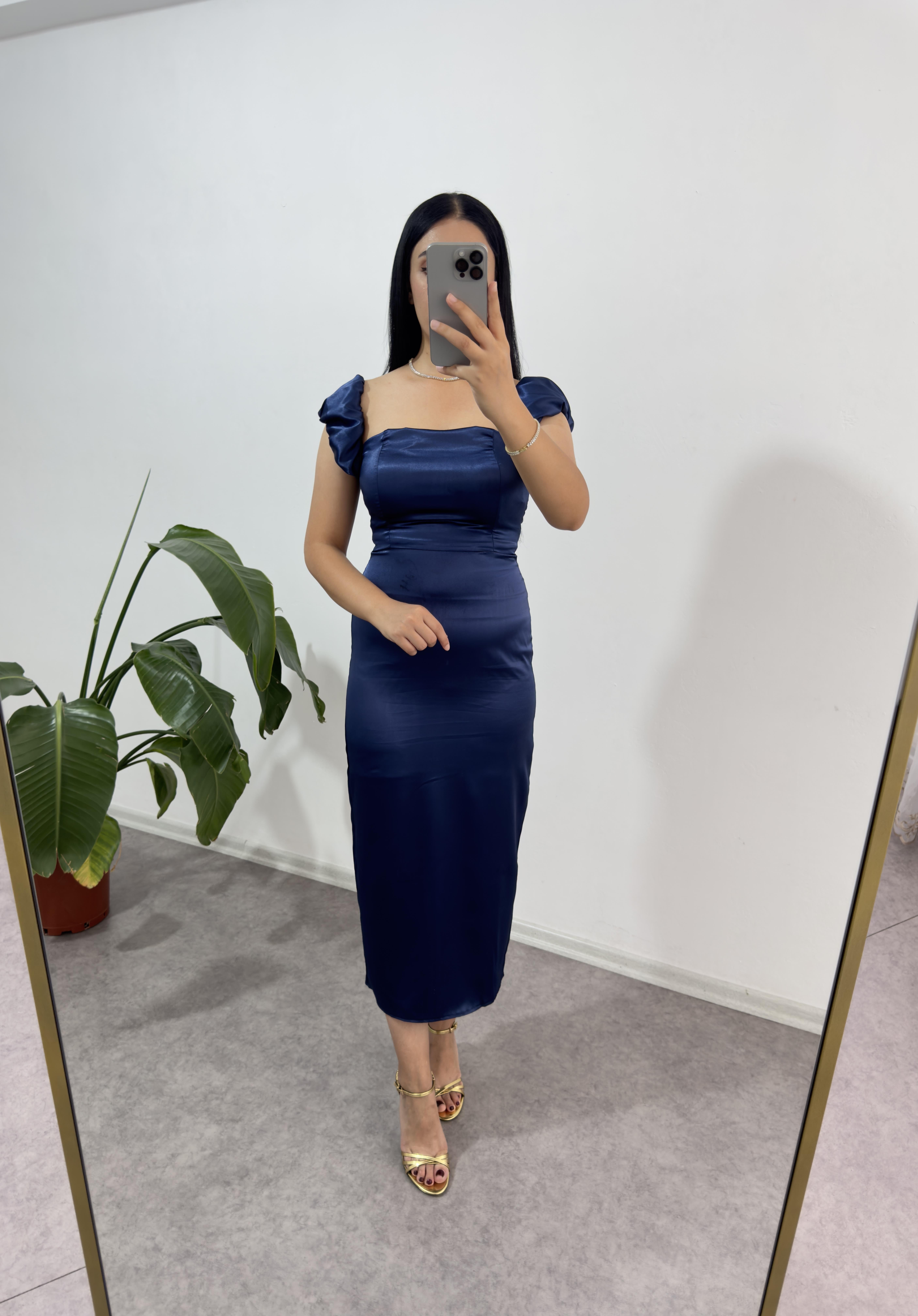 Saten Lacivert Elbise