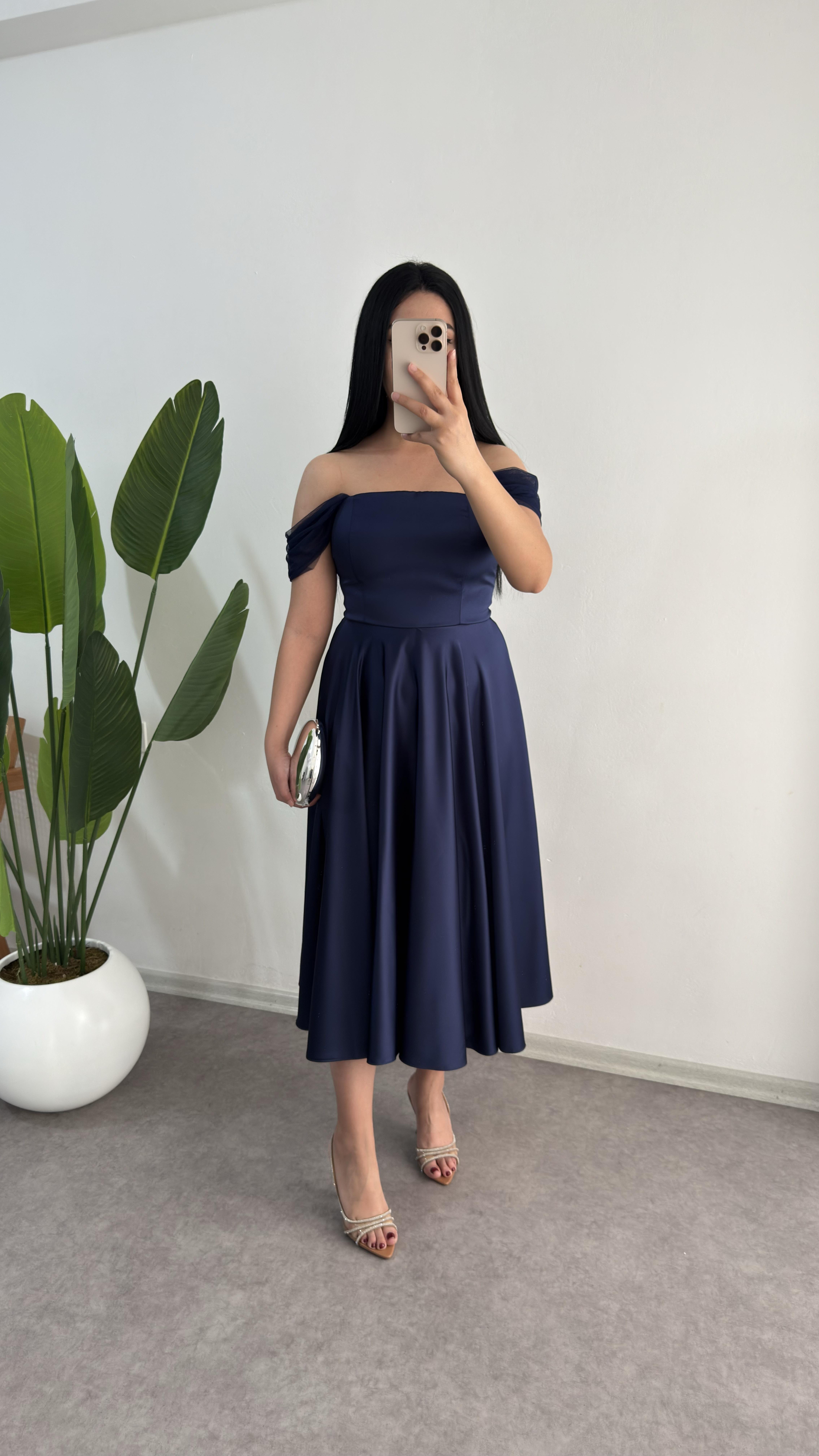 Saten Lacivert Pery Elbise