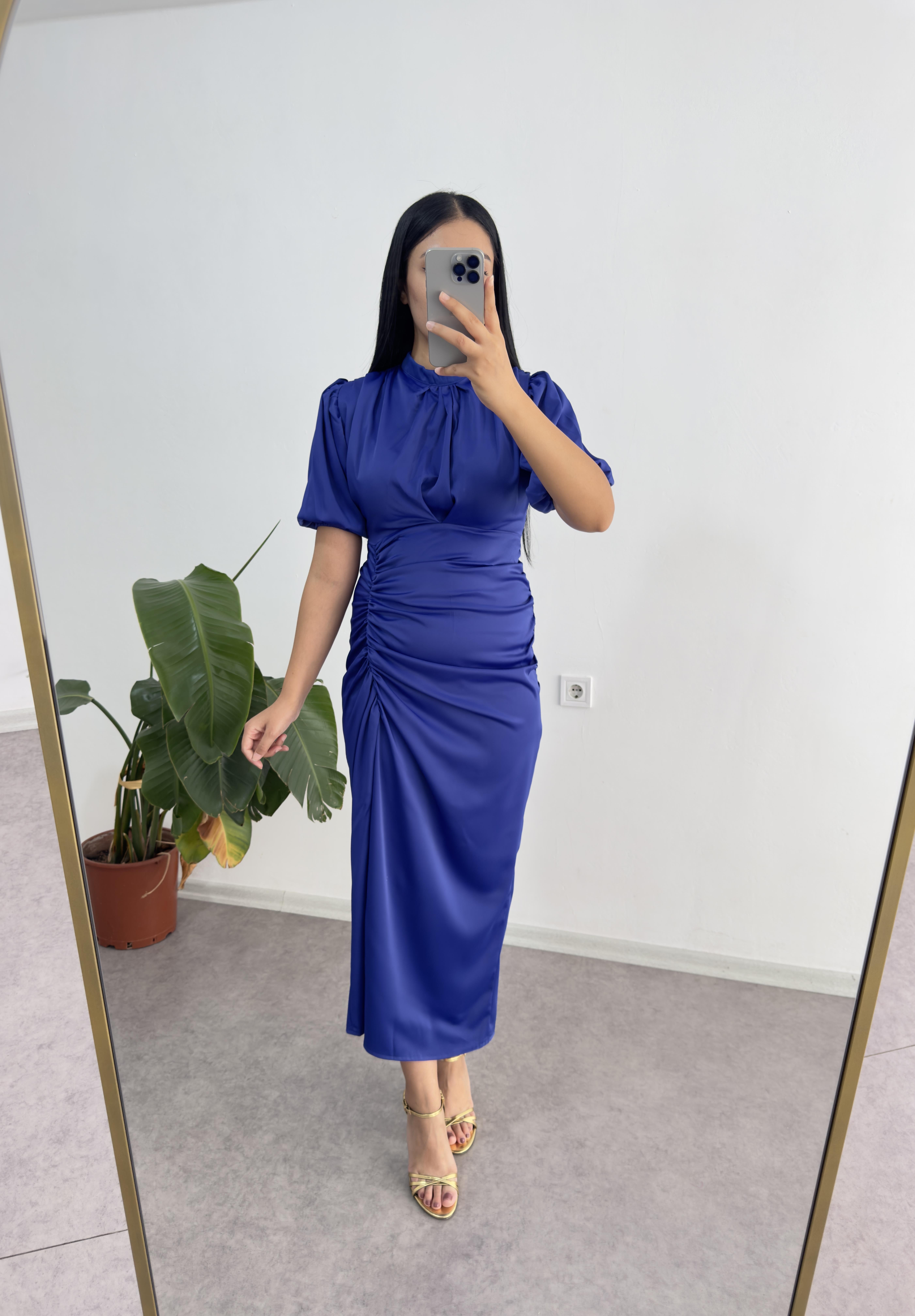 Saten Mavi Elis Elbise