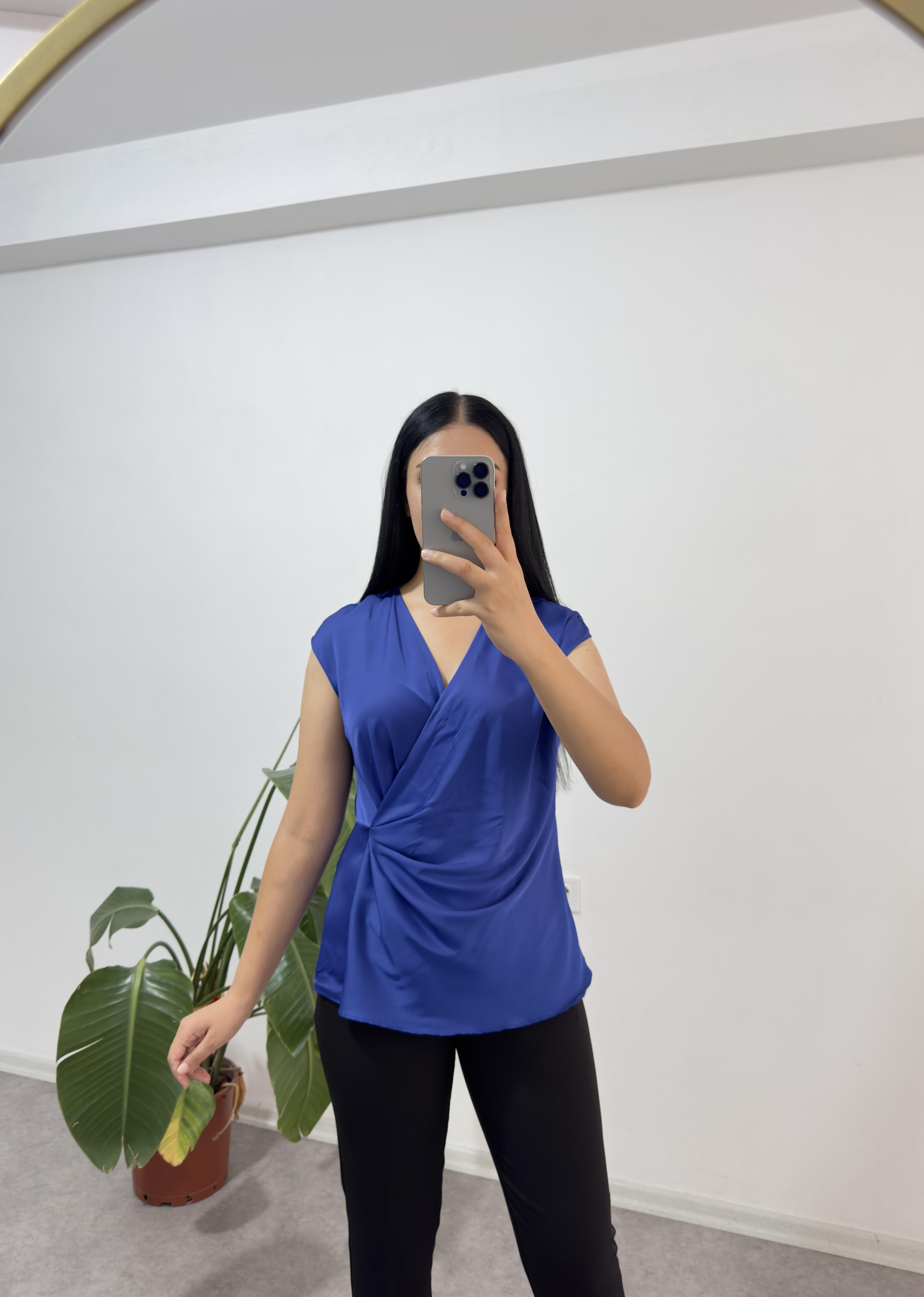 Saten Saks Mavisi Bluz