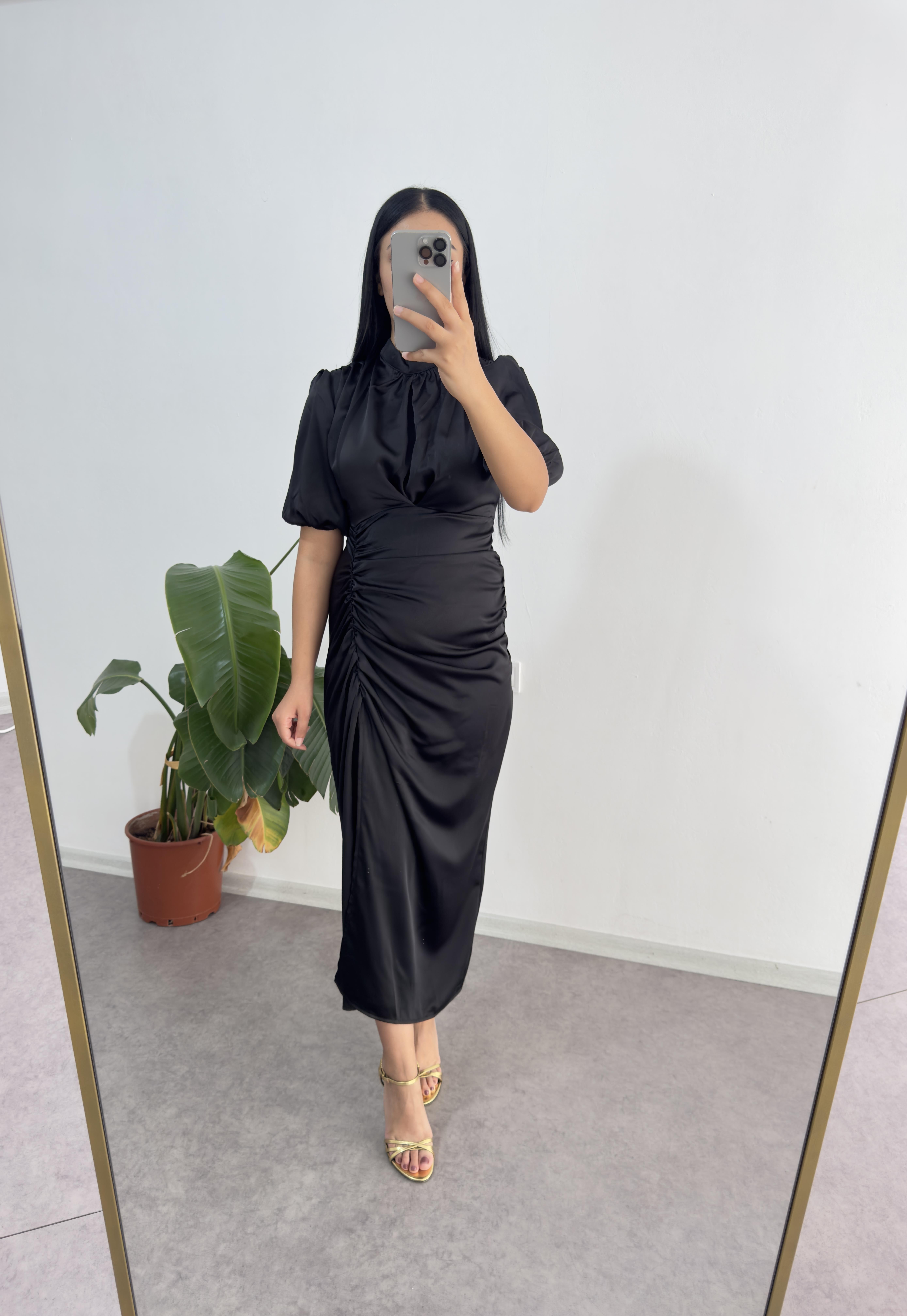 Saten Siyah Elis Elbise 