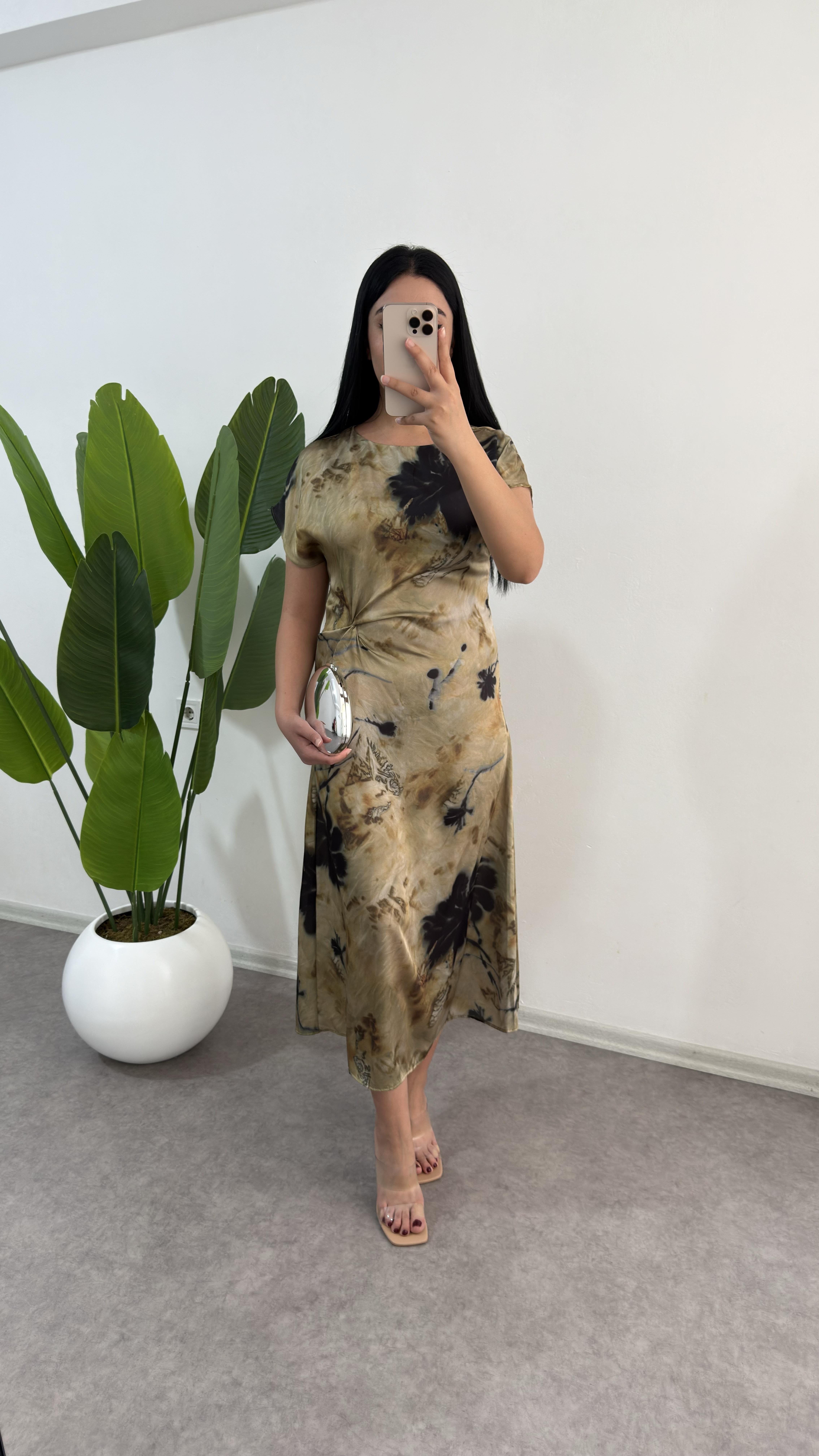 Saten Yeşil Desenli Elbise