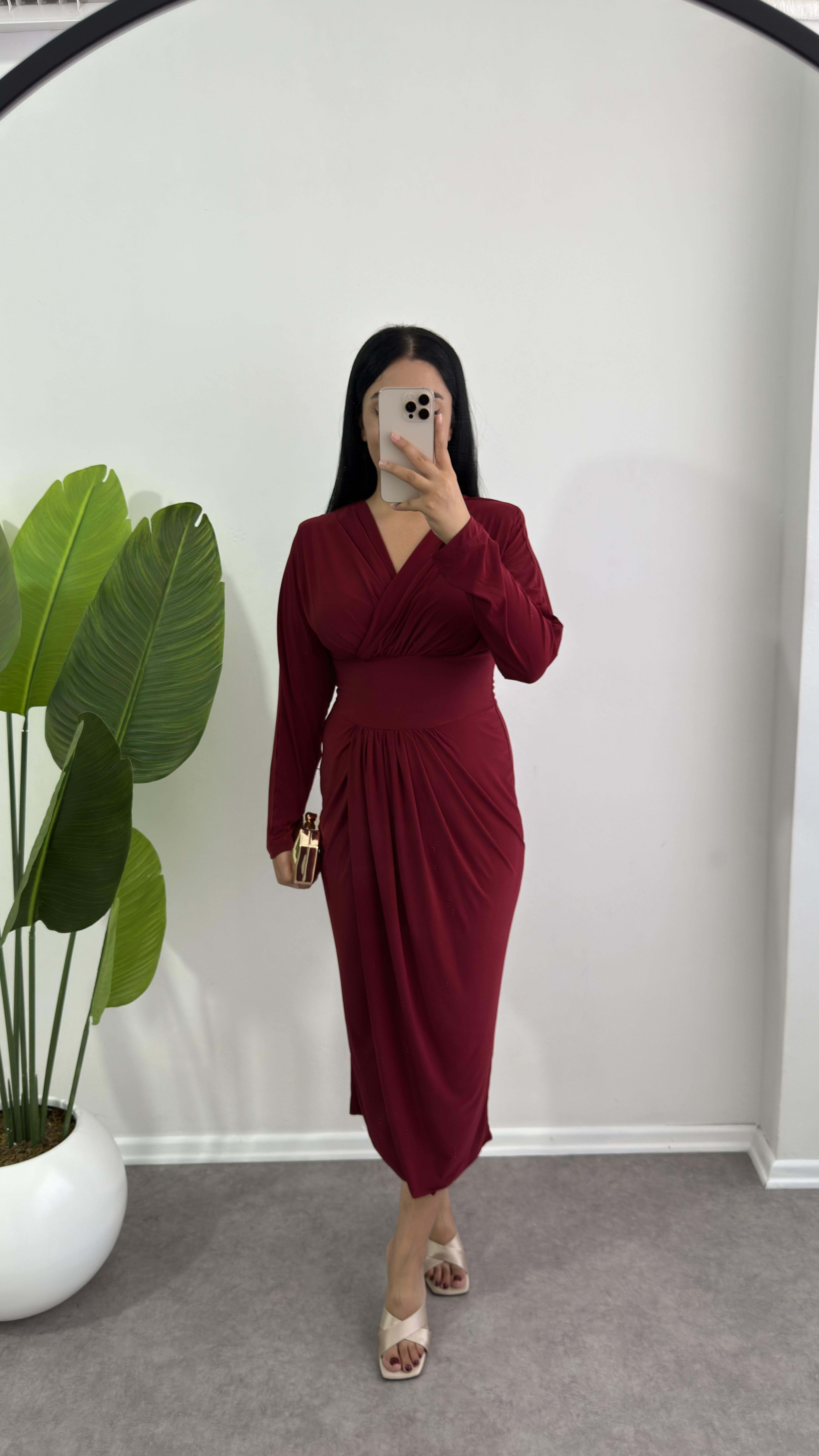 Sendy Kumaş Anvelop Model Bordo Elbise