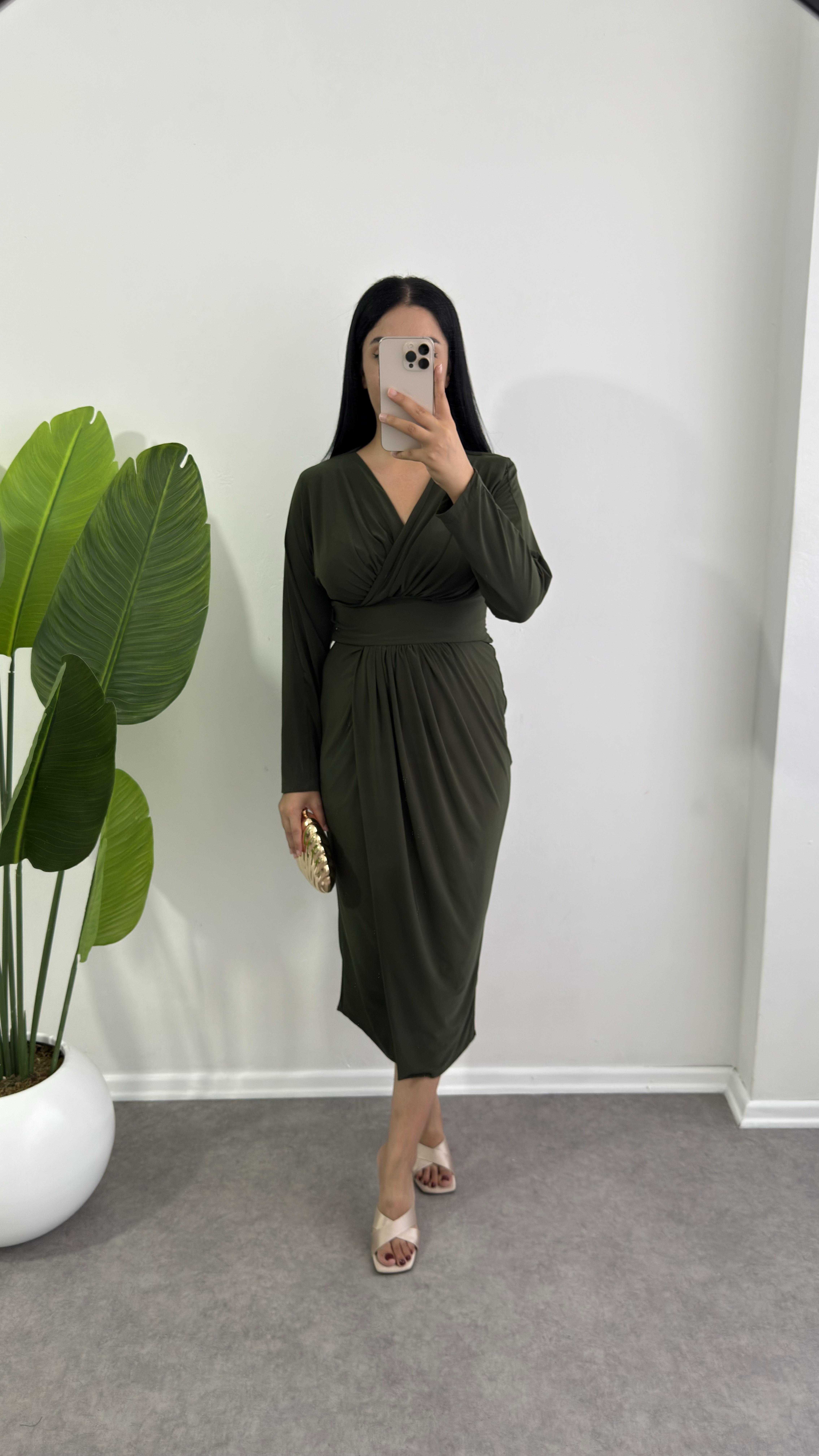 Sendy Kumaş Anvelop Model Yeşil Elbise