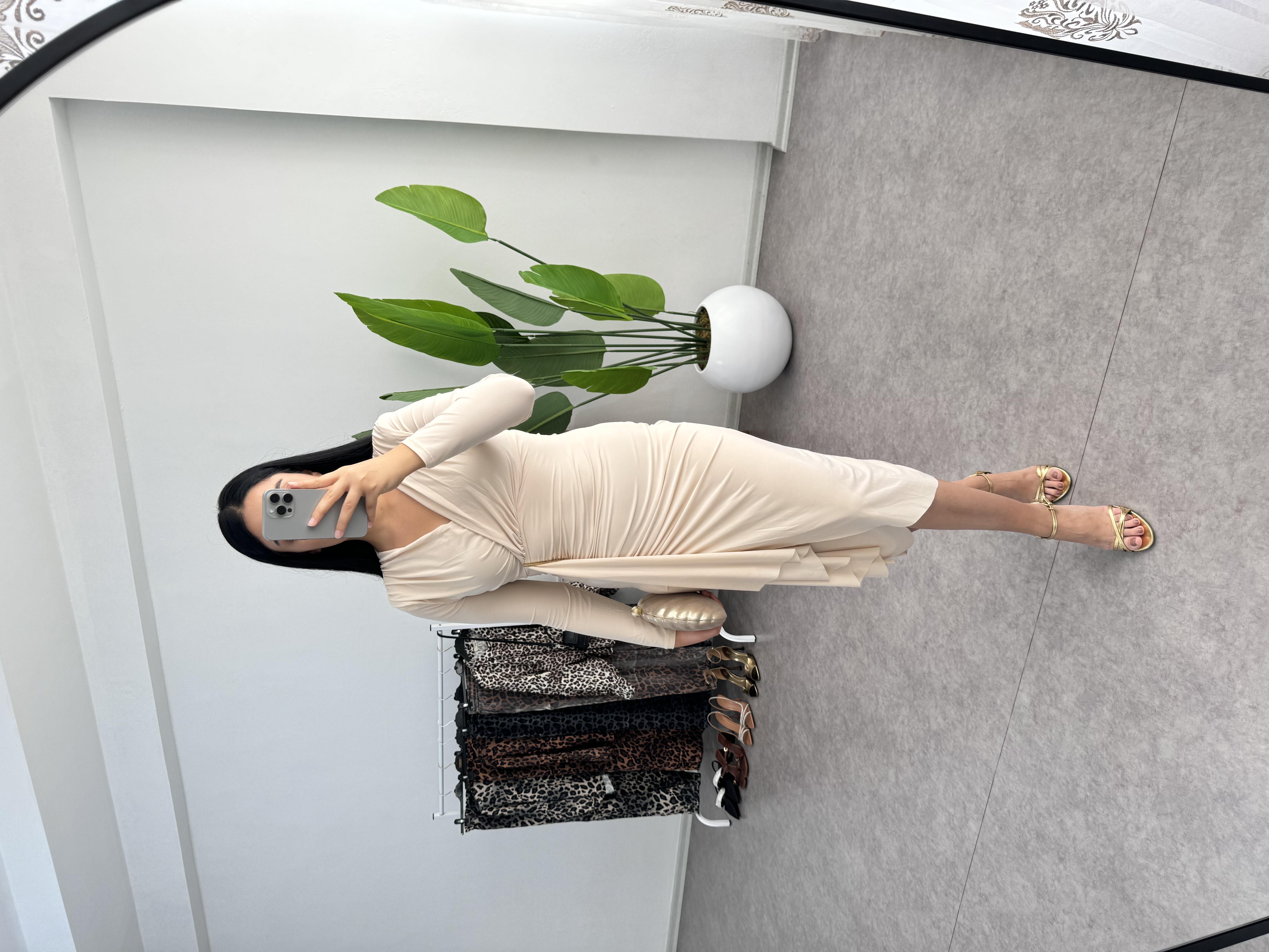 Sendy Kumaş Krem Rengi Elbise