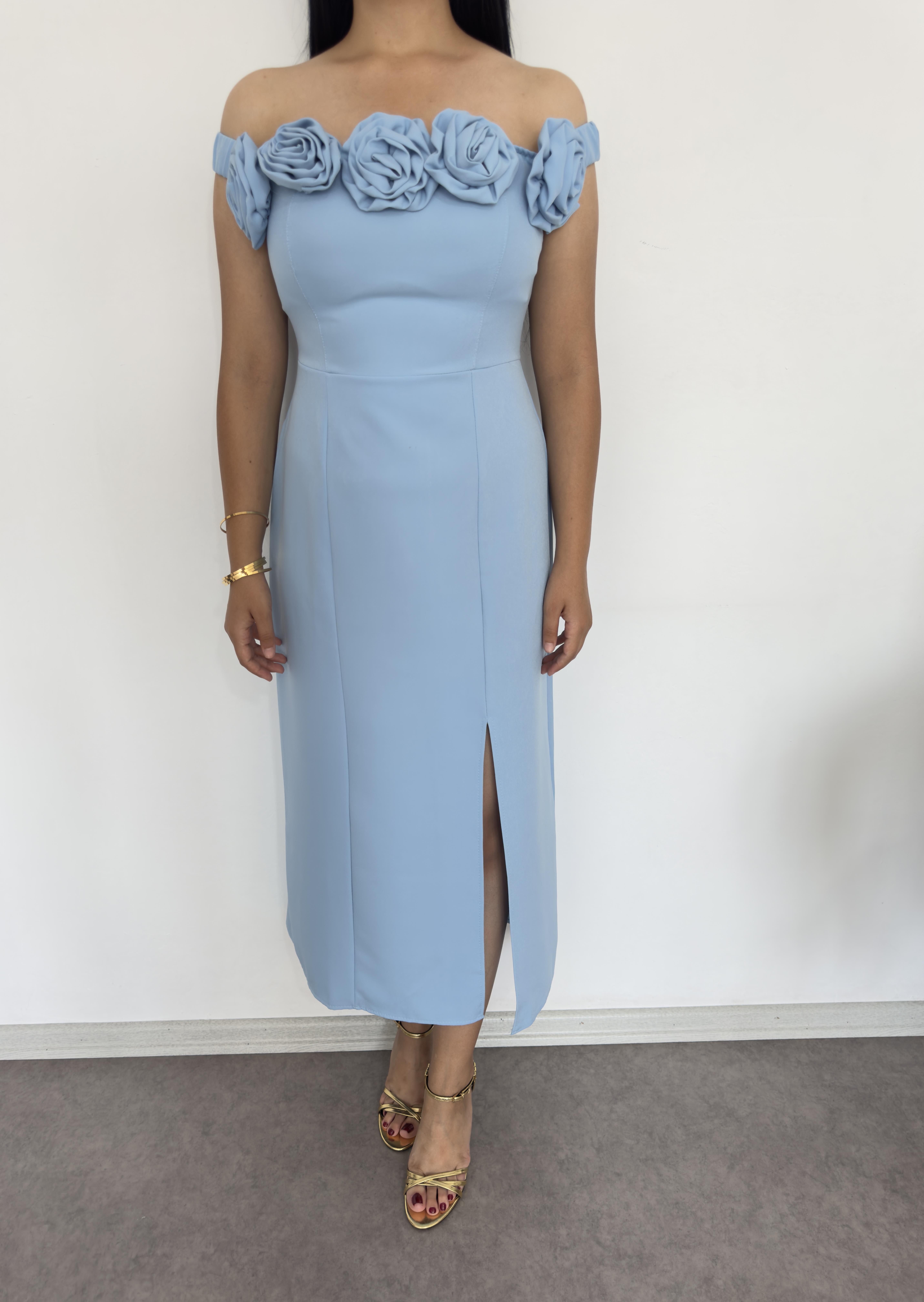 Sera Çiçekli Mavi Elbise 