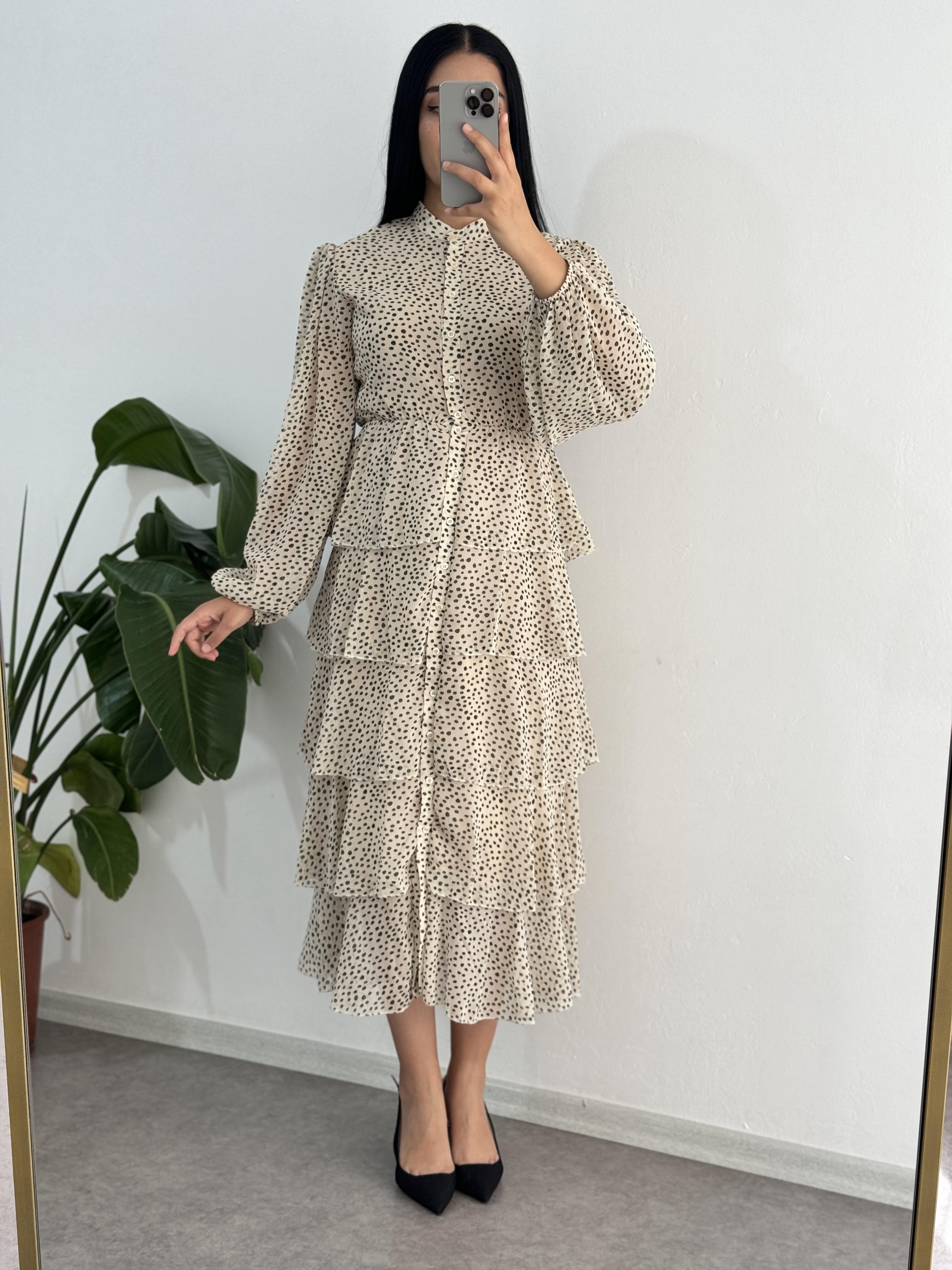 Şifon Krem Kat Kat Elbise